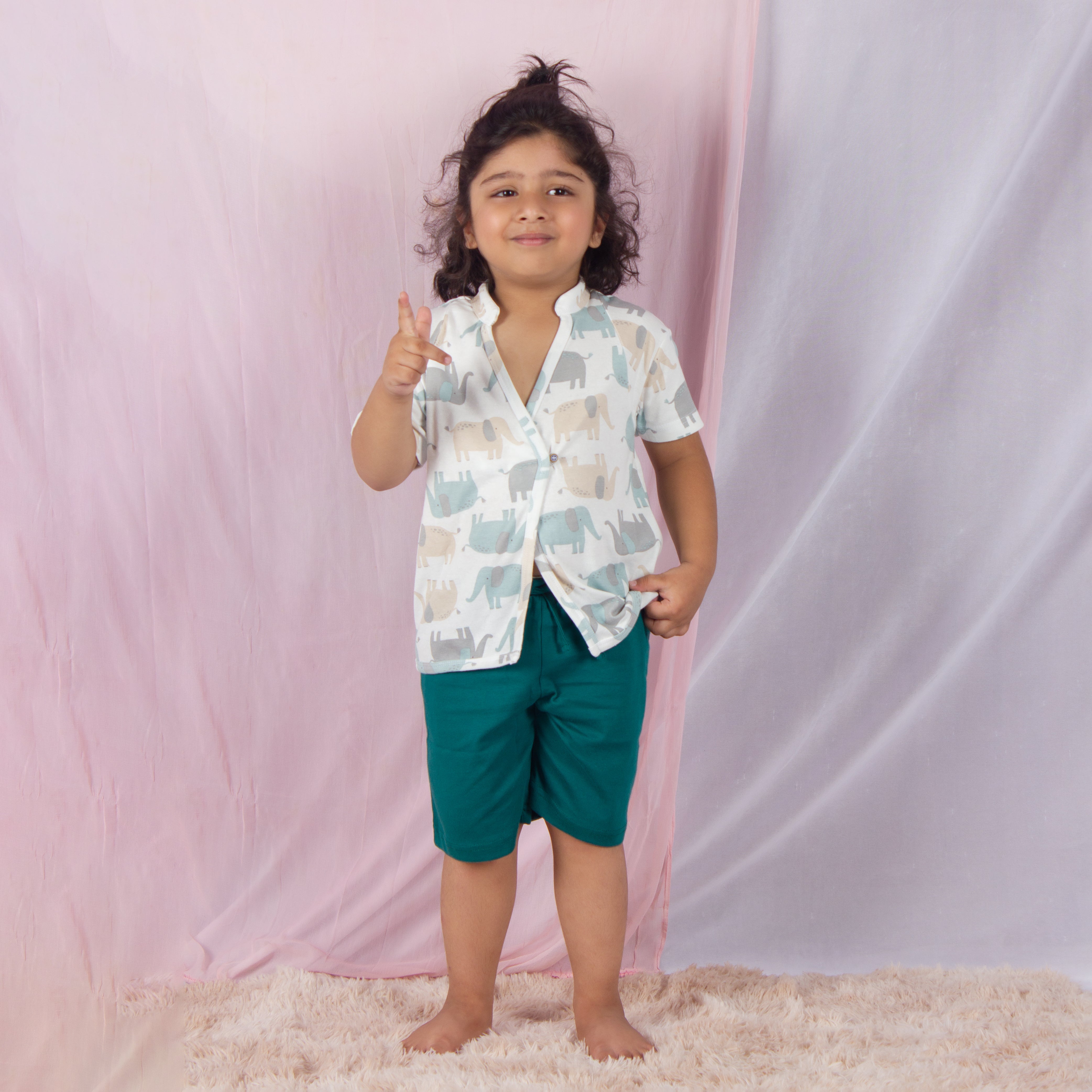 Snuggleme Boys Elephant Angrakha Nightsuit-White/Green
