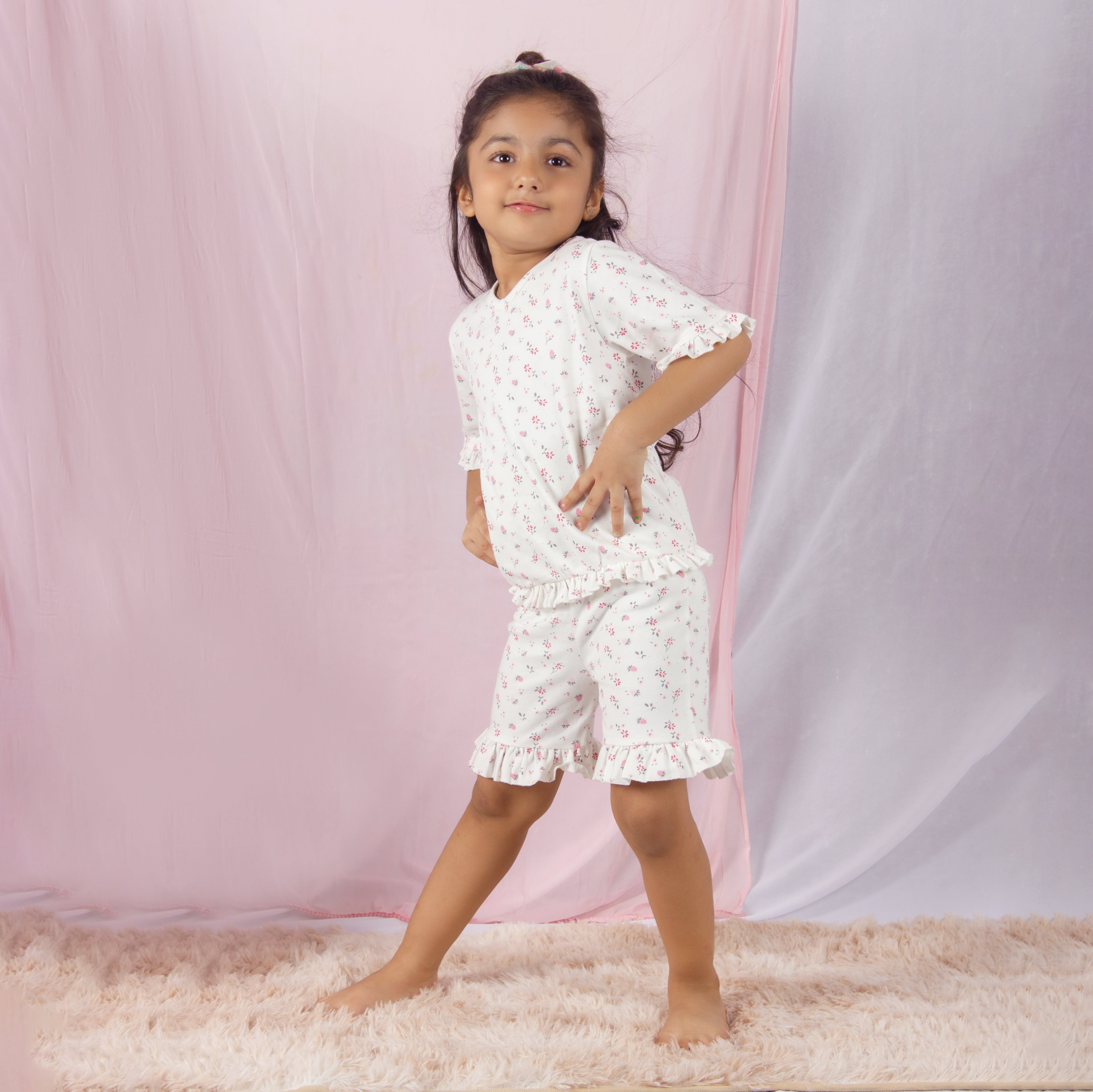 Snuggleme Girls Floral Print Nightsuit with Frill Shorts-White