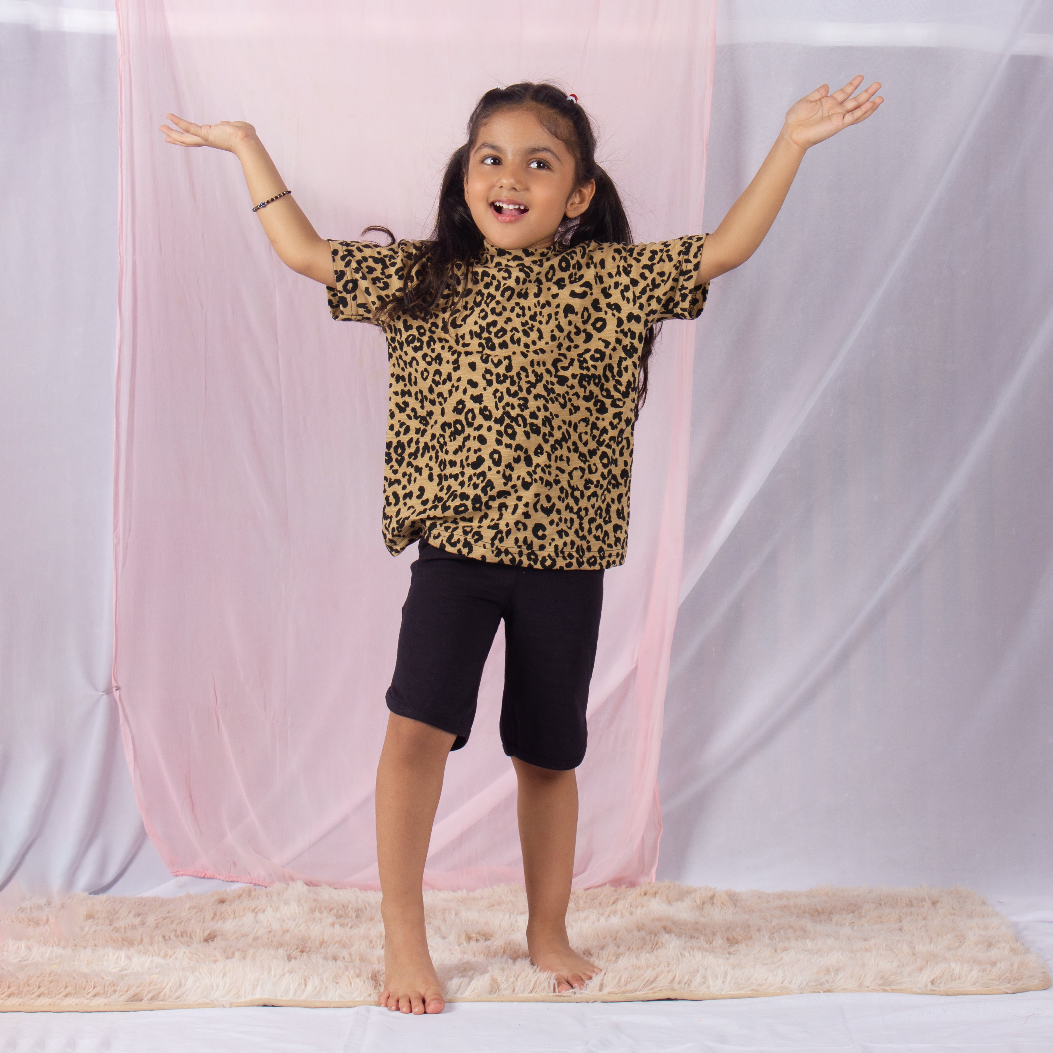 SnuggleMe Half Sleeves Girls Night suit with Culottes - Brown & Black
