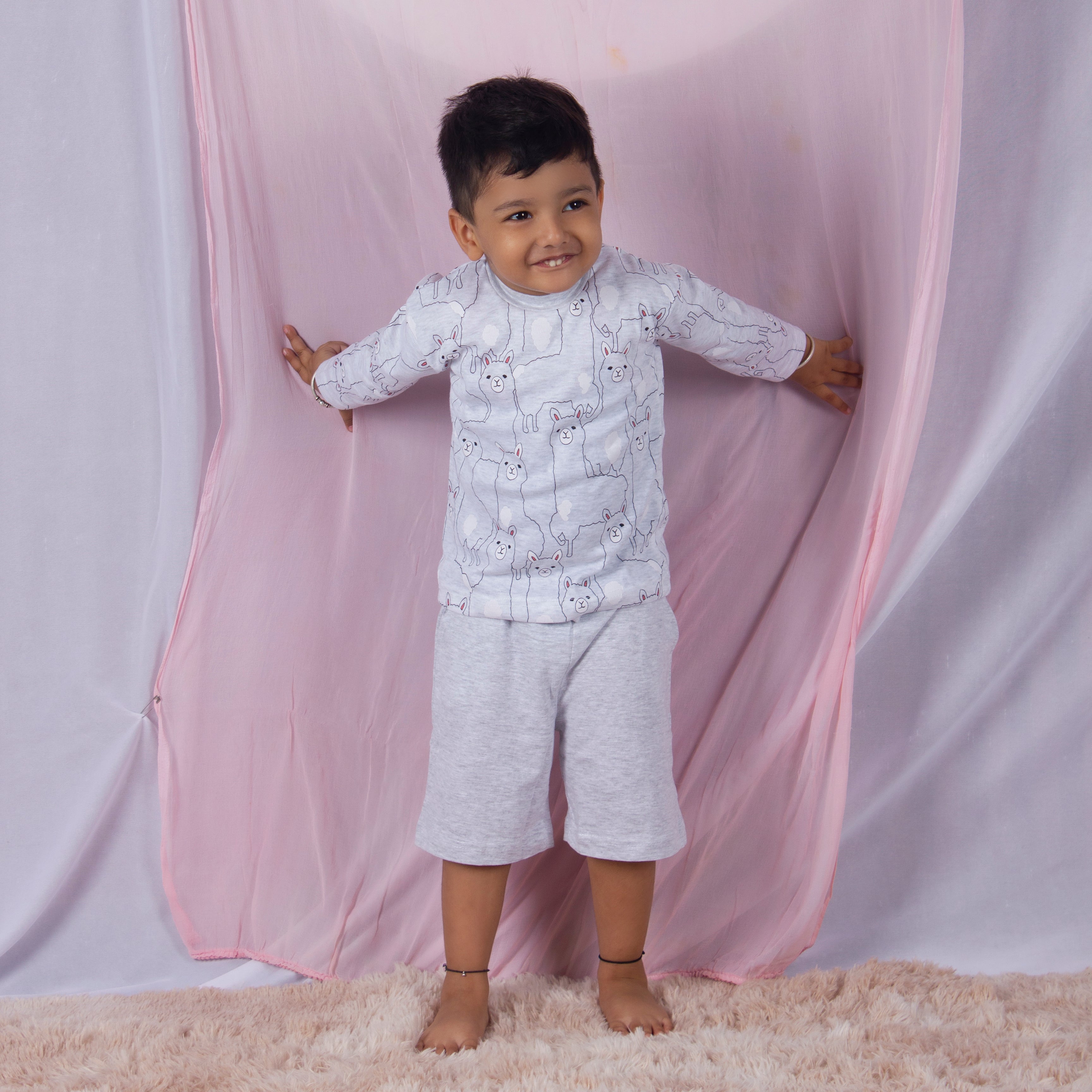 SnuggleMe Boys Cotton Full Sleeves Night suit with Bermuda shorts - Grey