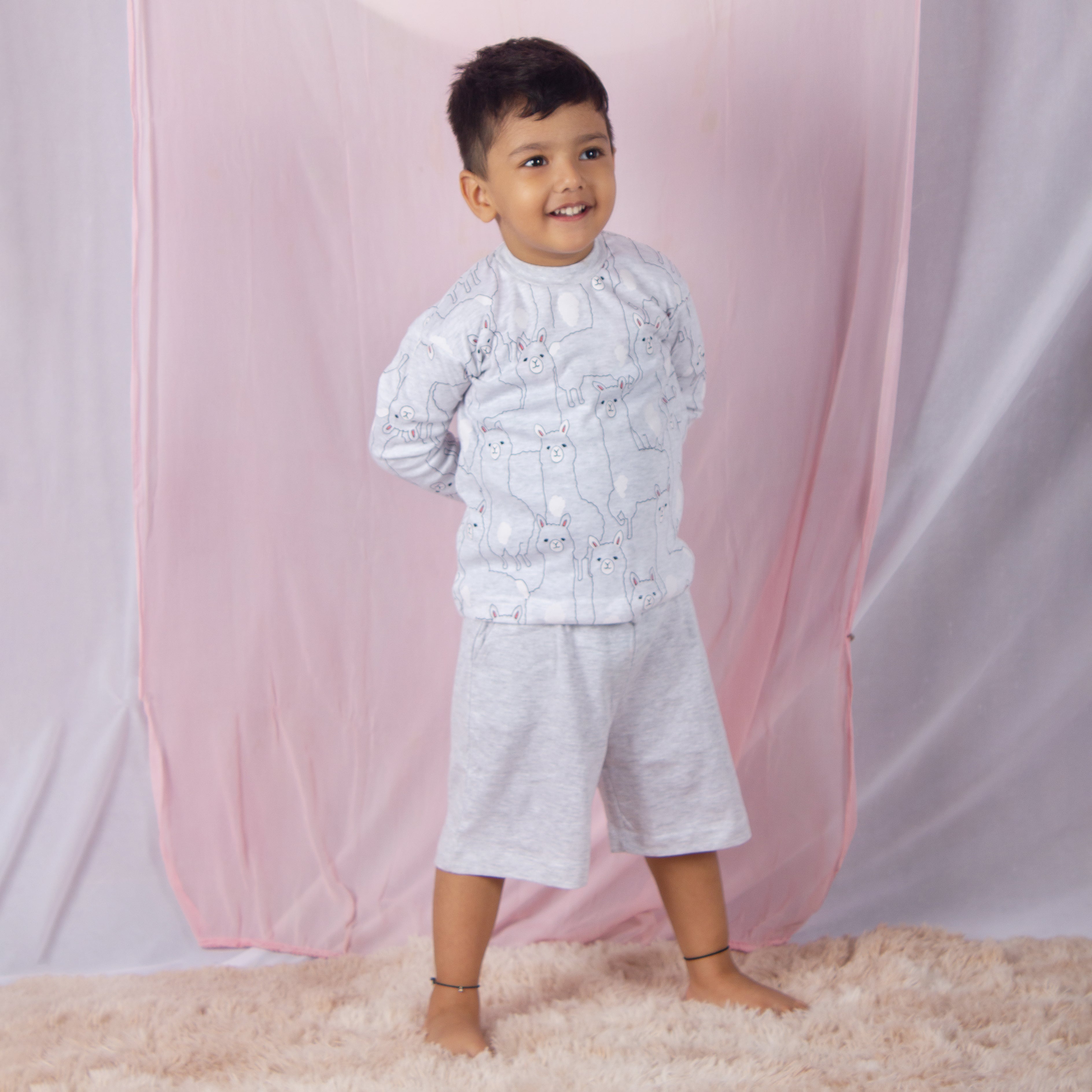 SnuggleMe Boys Cotton Full Sleeves Night suit with Bermuda shorts - Grey