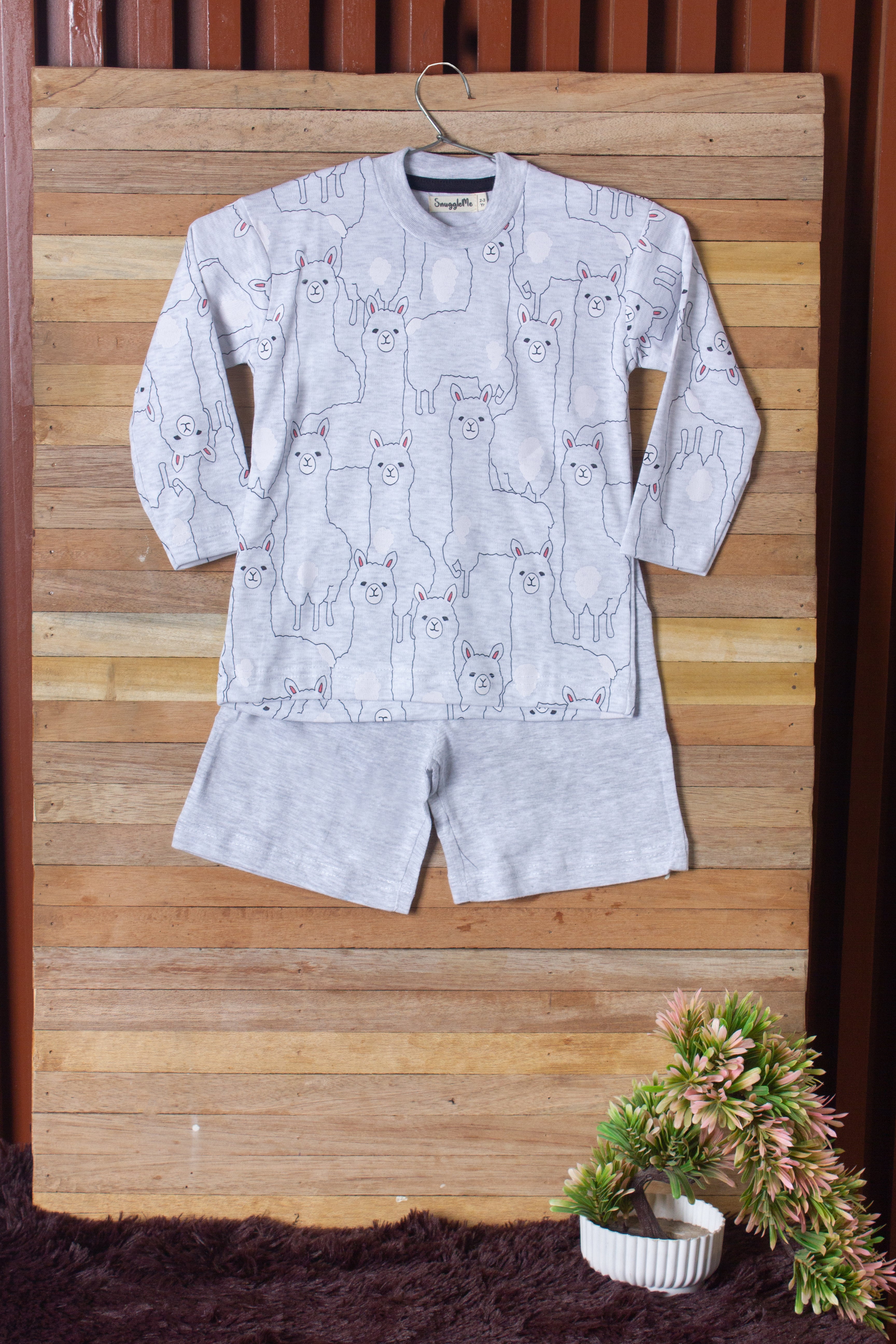 SnuggleMe Boys Cotton Full Sleeves Night suit with Bermuda shorts - Grey