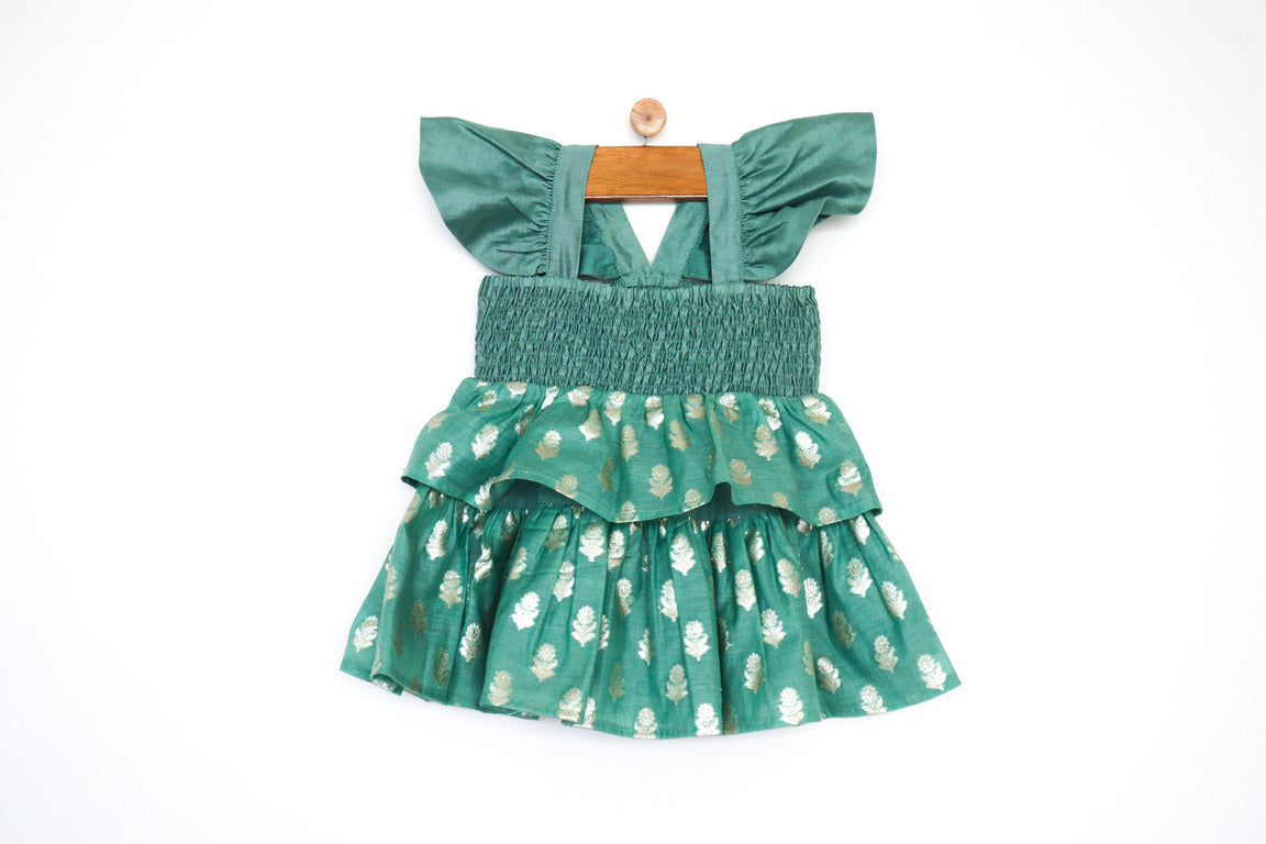 SnuggleMe Infant Girl Green Smocking Frock with Zari Booti