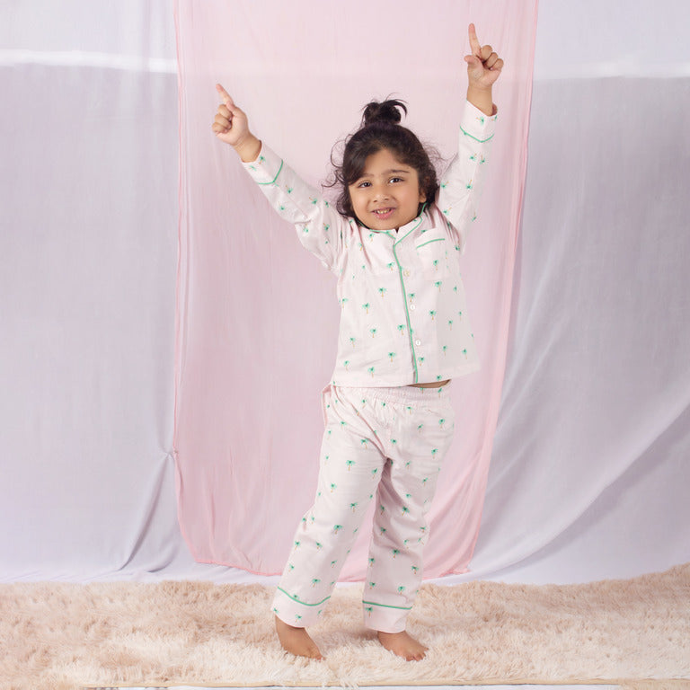Snuggleme Unisex Palm Print Full Sleeve Nightsuit-Pink