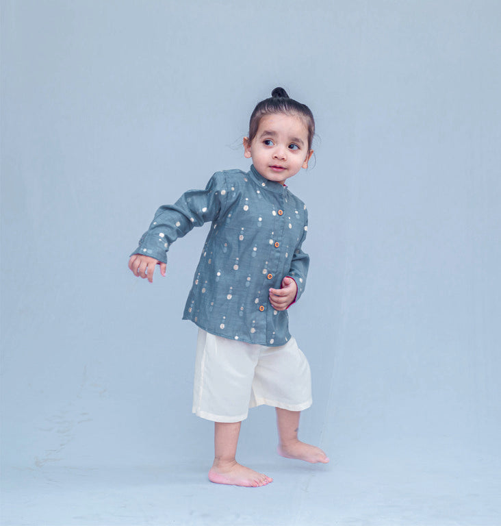 SnuggleMe Boys Grey Chanderi Zari Dots Shirt with Shorts