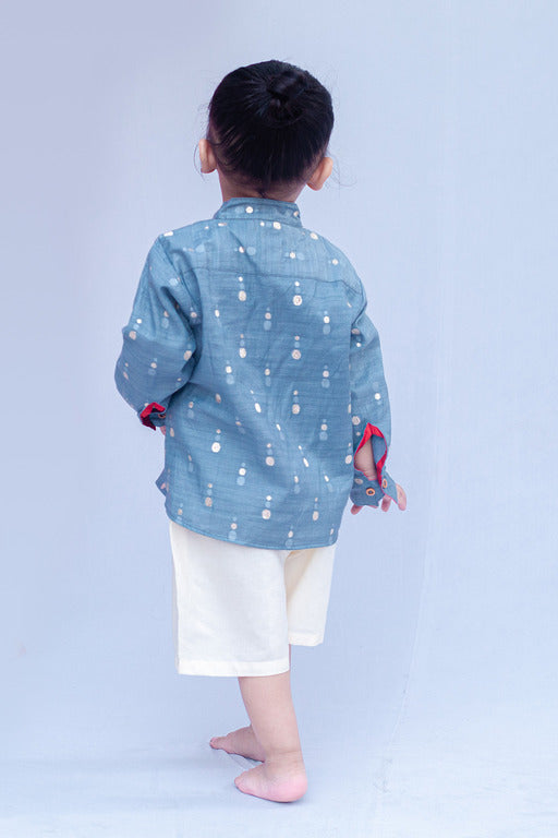 SnuggleMe Boys Grey Chanderi Zari Dots Shirt with Shorts