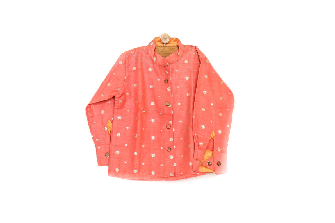 SnuggleMe Boys Red Chanderi Zari Dots Shirt