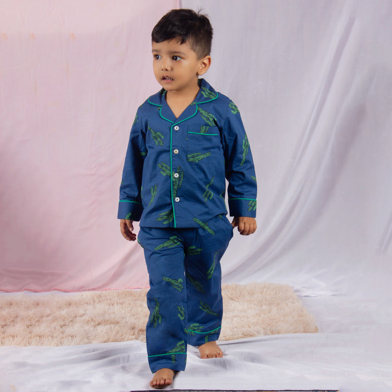 Snuggleme Unisex Cactus Print Full Sleeve Cotton Nightsuit-Blue