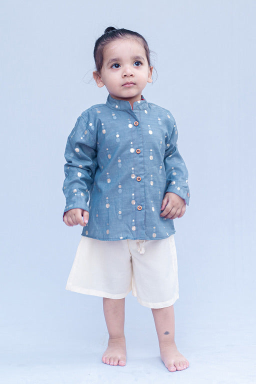 SnuggleMe Boys Grey Chanderi Zari Dots Shirt with Shorts