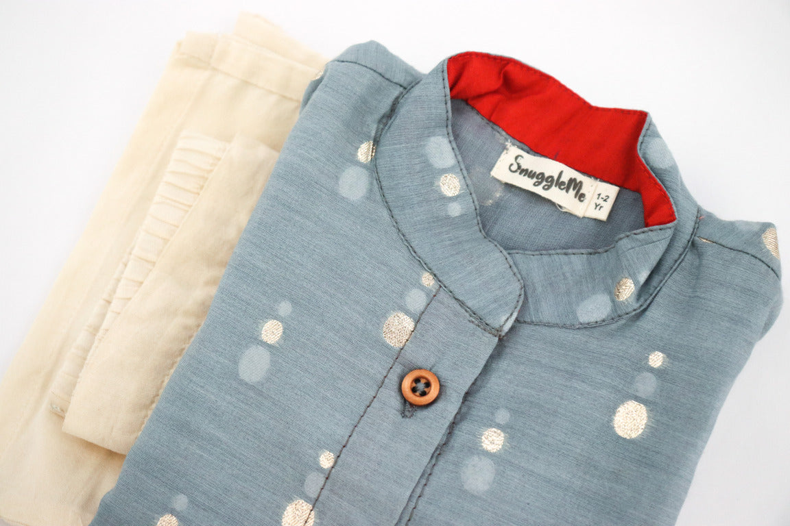 SnuggleMe Boys Grey Chanderi Zari Dots Shirt with Shorts