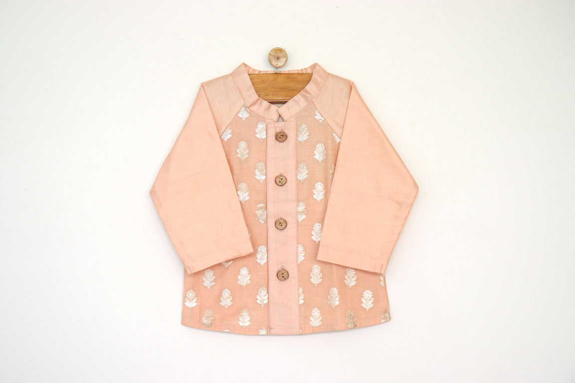 SnuggleMe Infant Boys Peach Chanderi Zari Booti Shirt