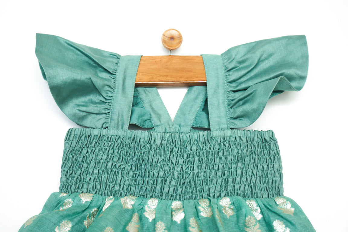 SnuggleMe Infant Girl Green Smocking Frock with Zari Booti