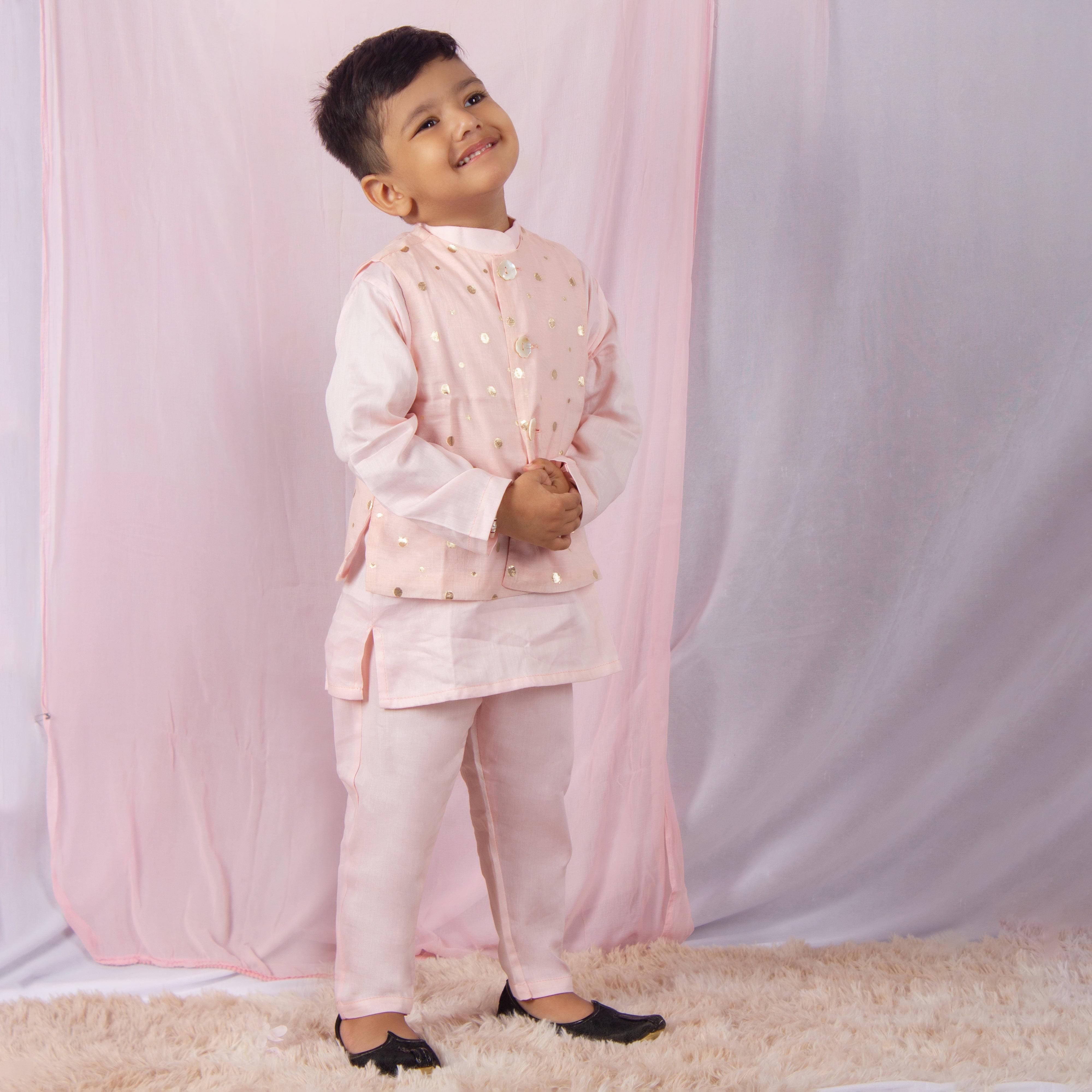 Pastel Pink Kurta And Pant With Elegant Golden Chanderi Zari Jacket