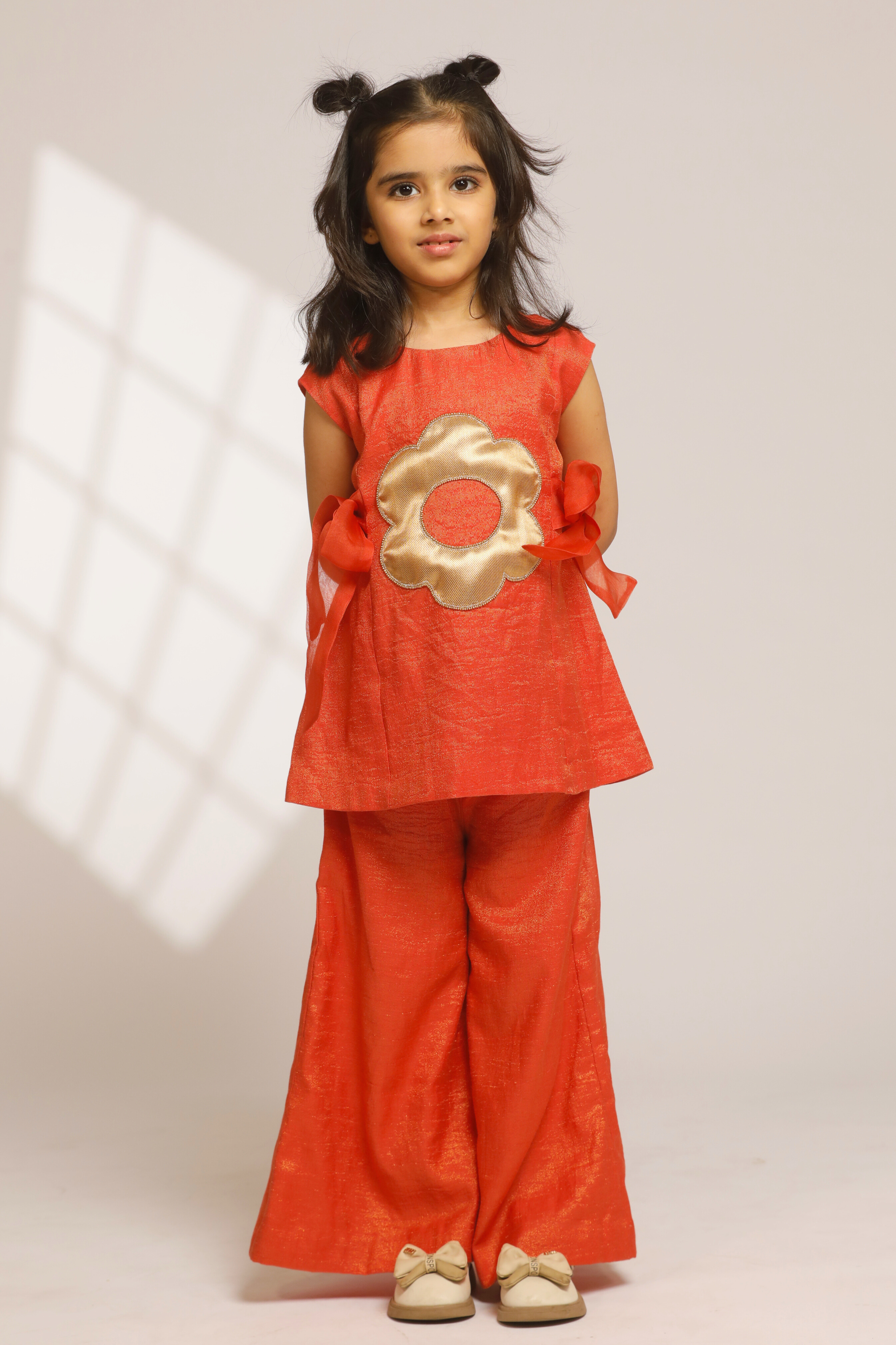 Girl A-Line Short Kurta with Flared Pant - Orange