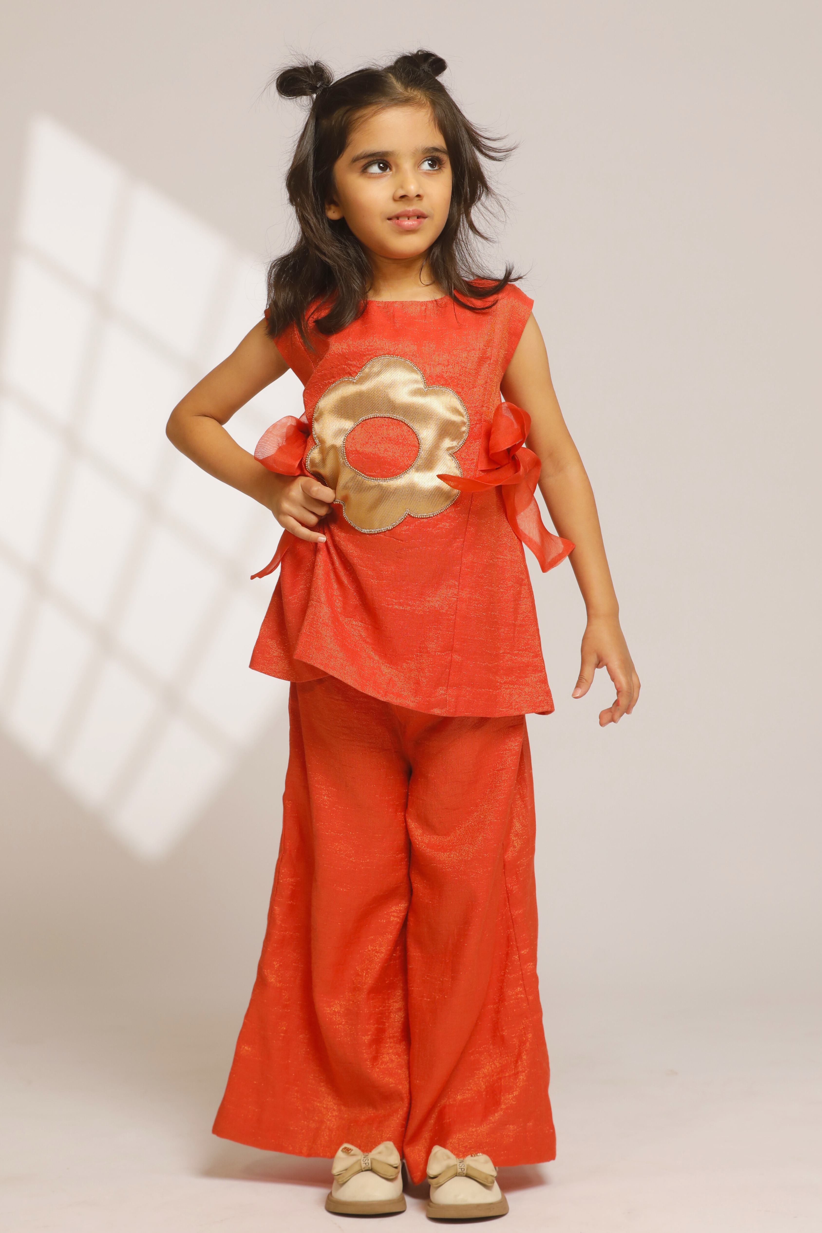 Girl A-Line Short Kurta with Flared Pant - Orange