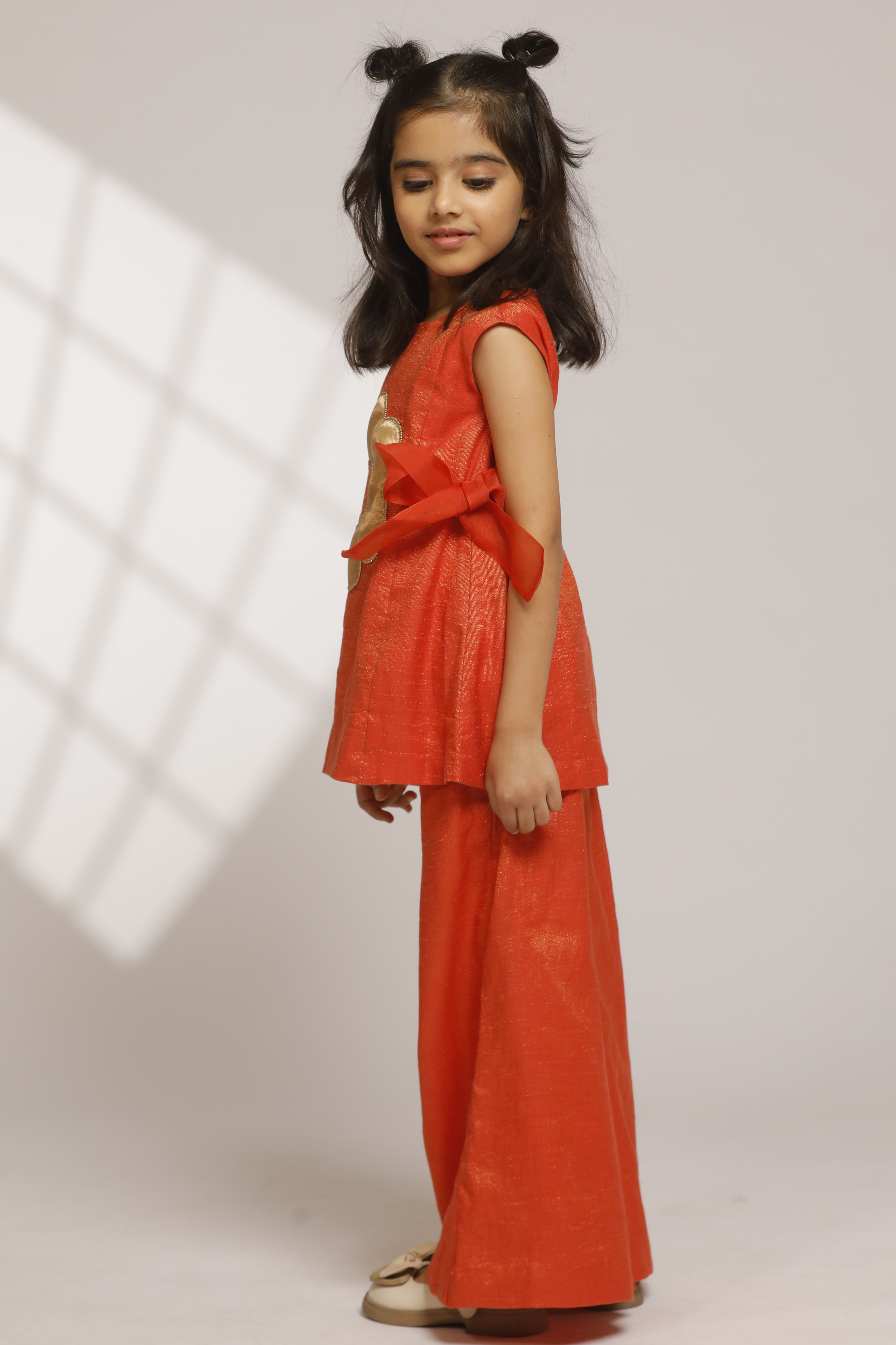 Girl A-Line Short Kurta with Flared Pant - Orange