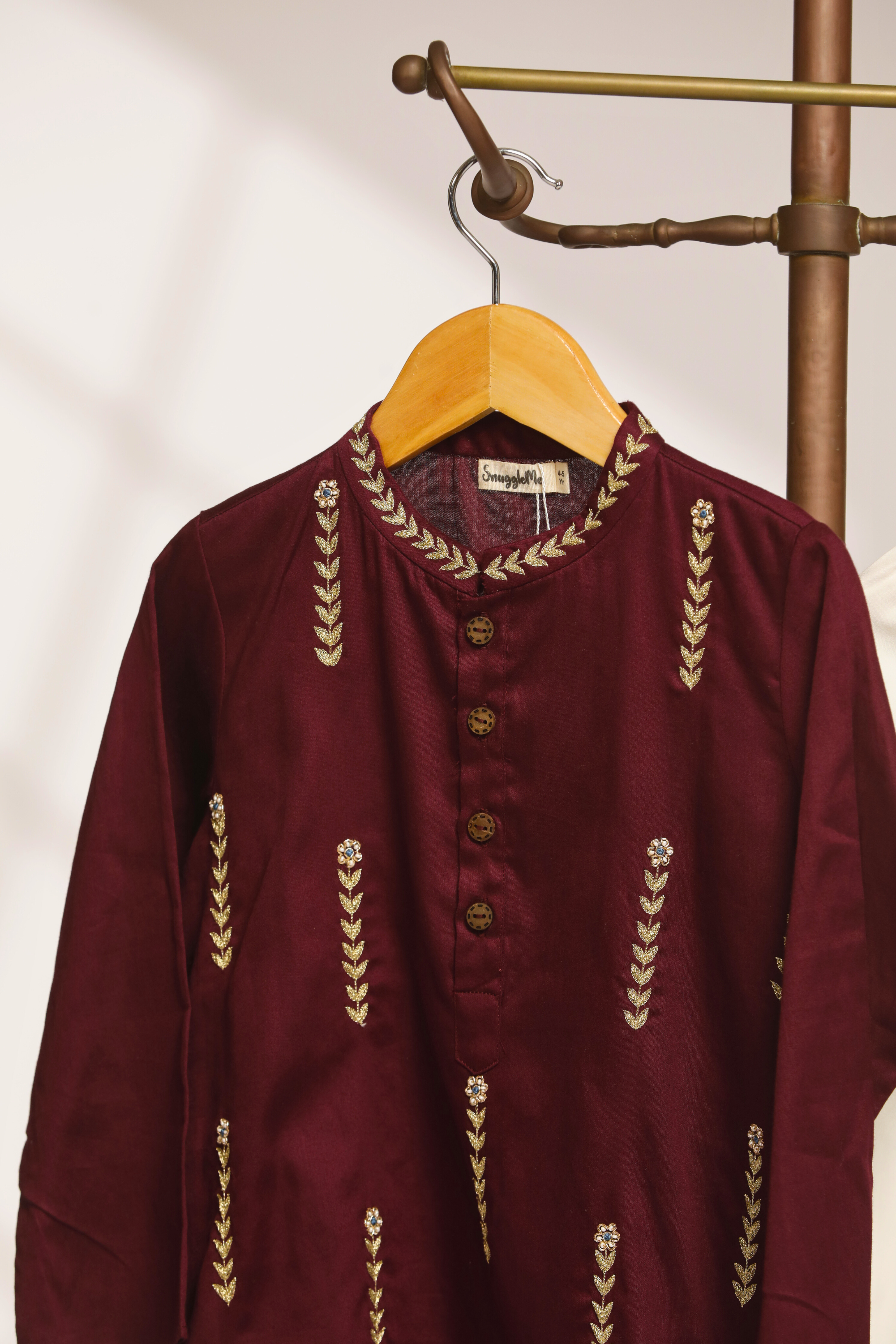 Boys Botanical Thread Embroidery Kurta Set - Wine