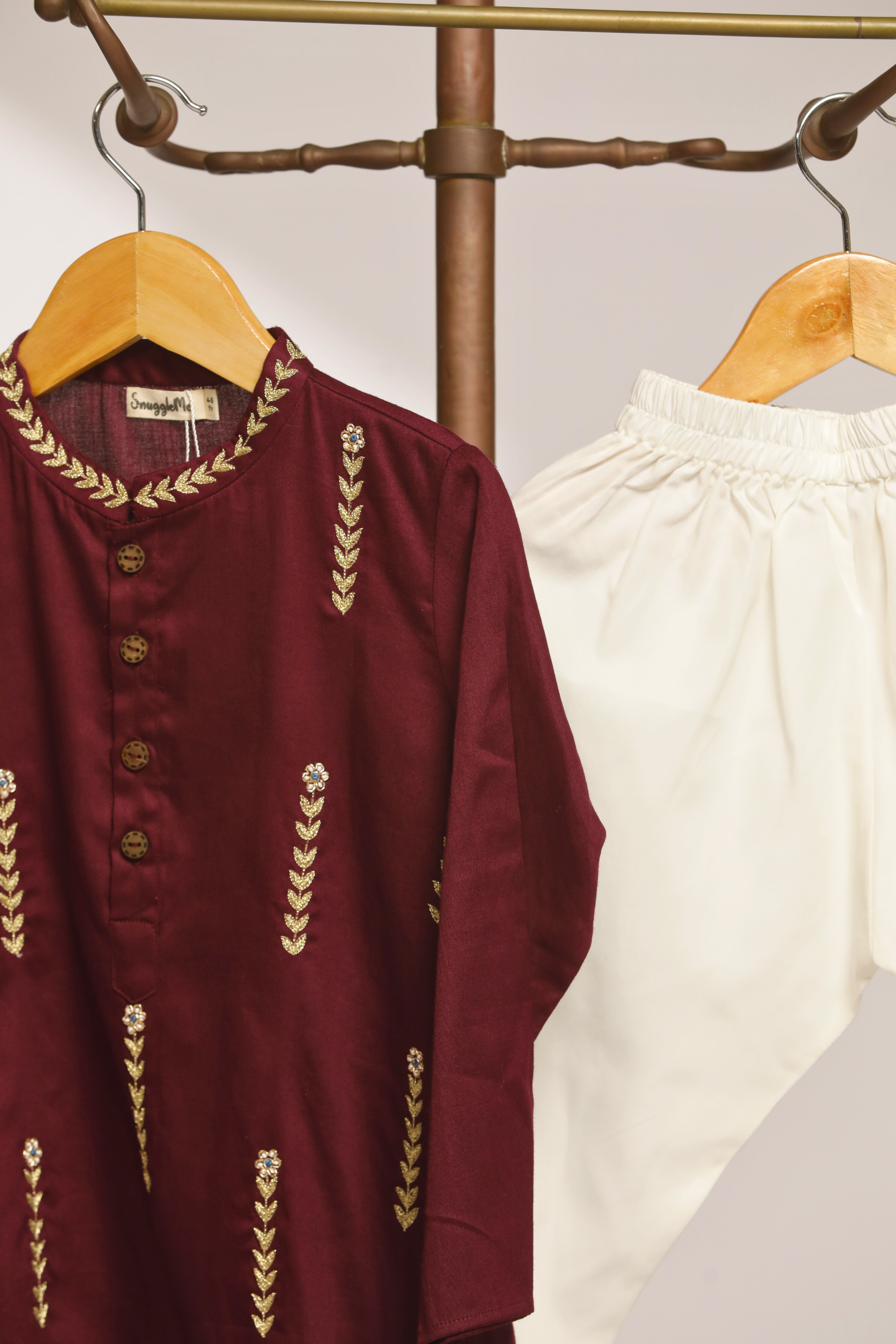 Boys Botanical Thread Embroidery Kurta Set - Wine