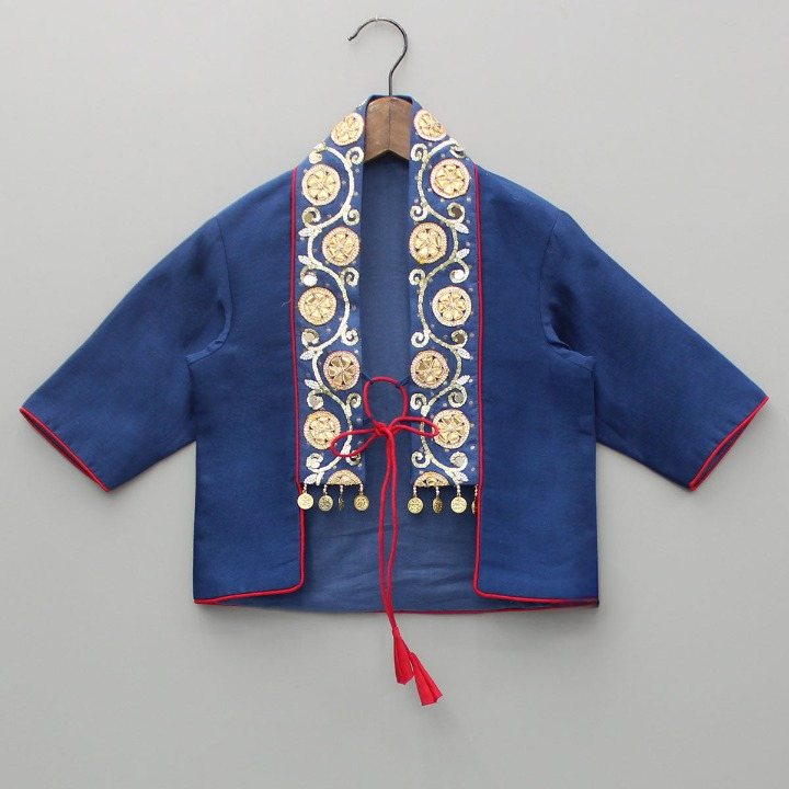 Gown With Embroidered And Embellished Jacket-Blue