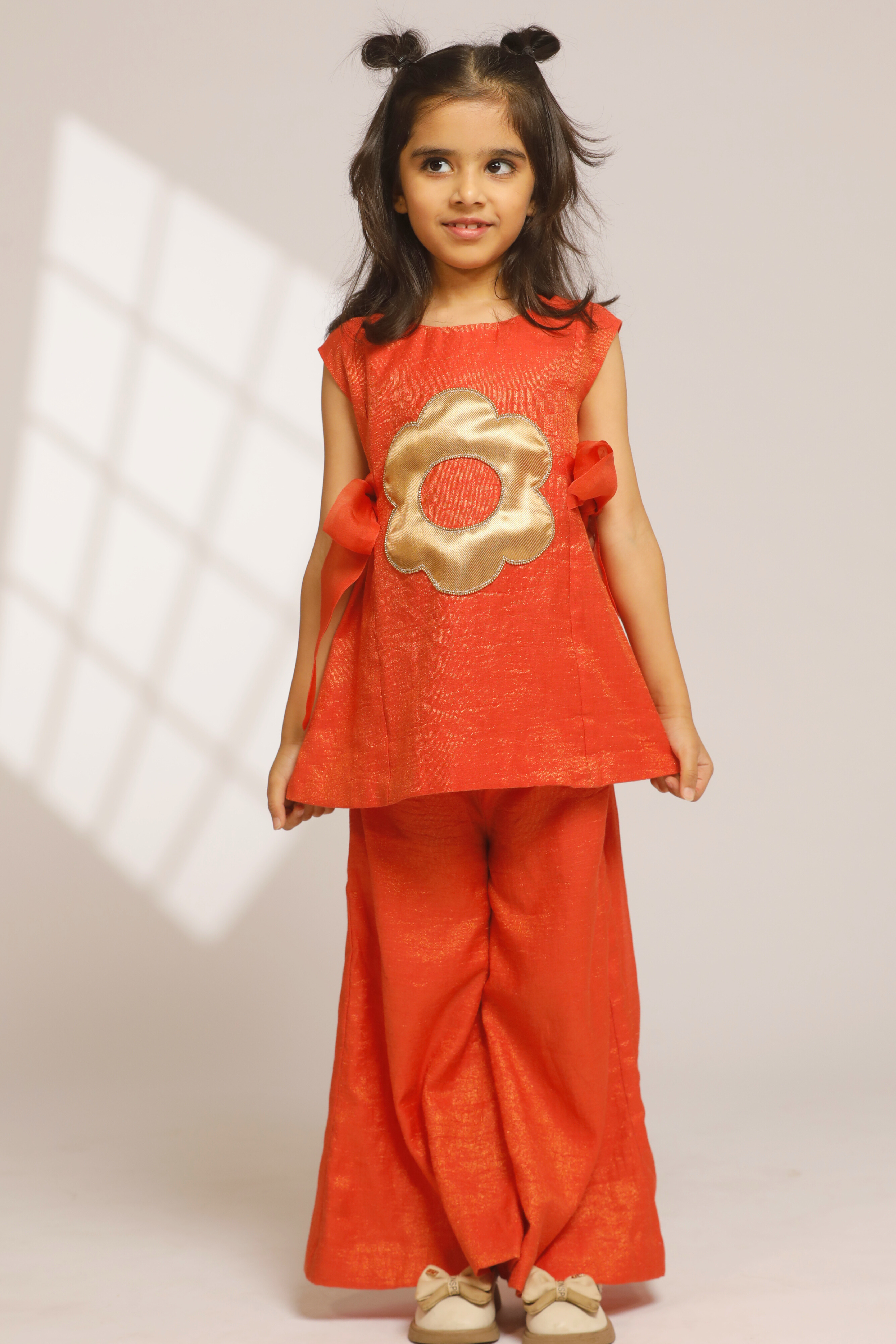 Girl A-Line Short Kurta with Flared Pant - Orange