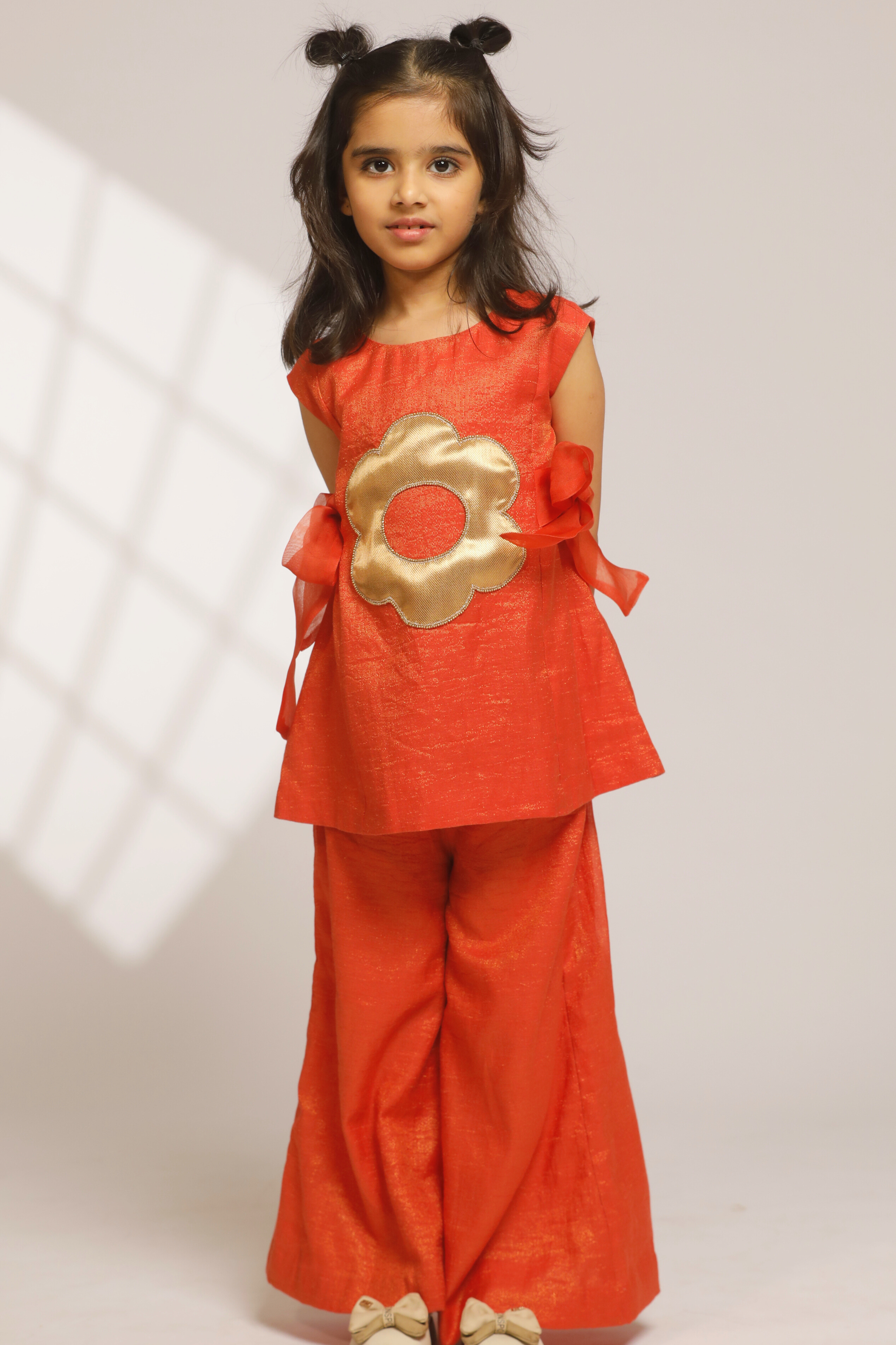 Girl A-Line Short Kurta with Flared Pant - Orange