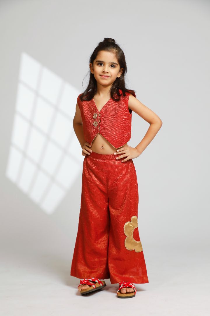 Girl Waist Coat With Side Slit Flared Pant - Red