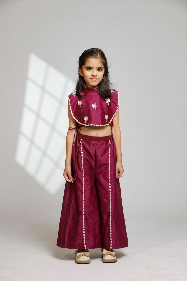 Girl Embellished Crop Top with Flared Pant - Wine