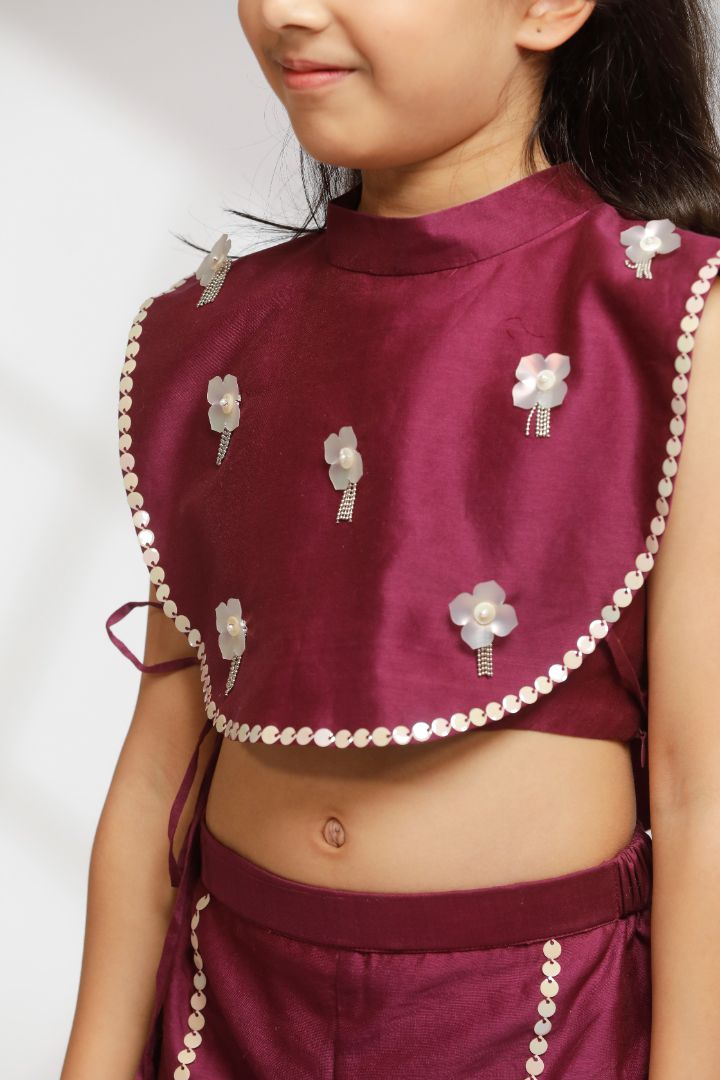 Girl Embellished Crop Top with Flared Pant - Wine