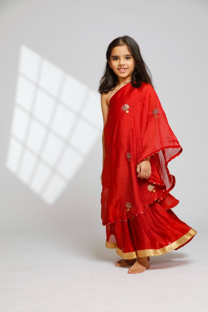 Girls One Shoulder Embellished Kurti With Flared Palazzo - Red