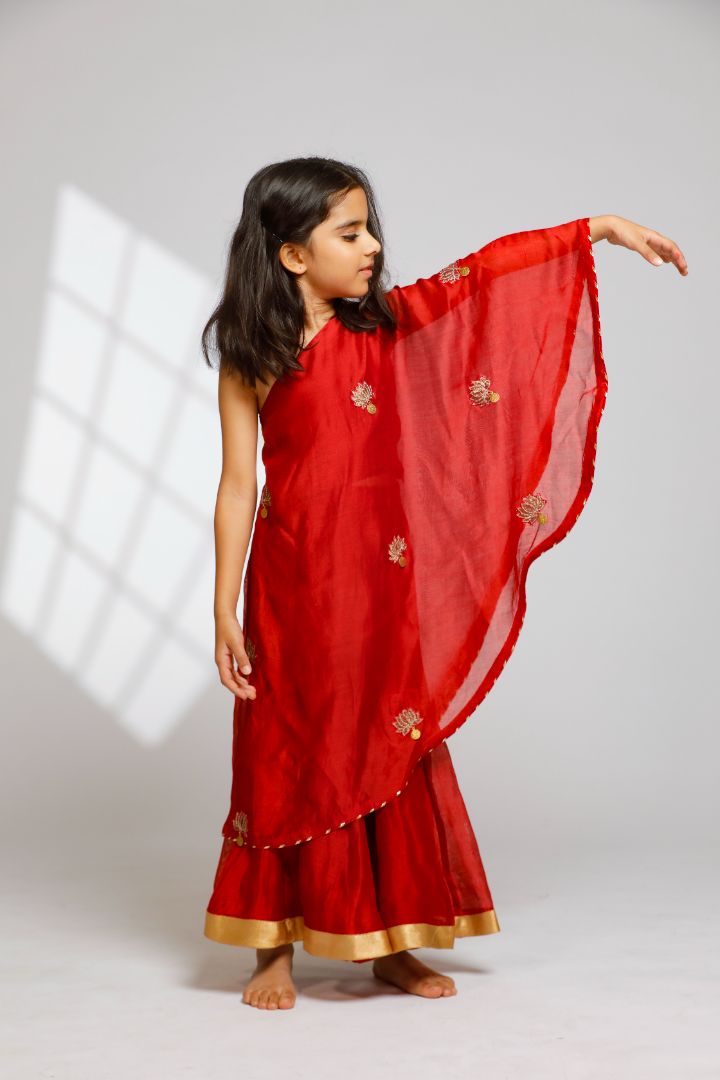 Girls One Shoulder Embellished Kurti With Flared Palazzo - Red