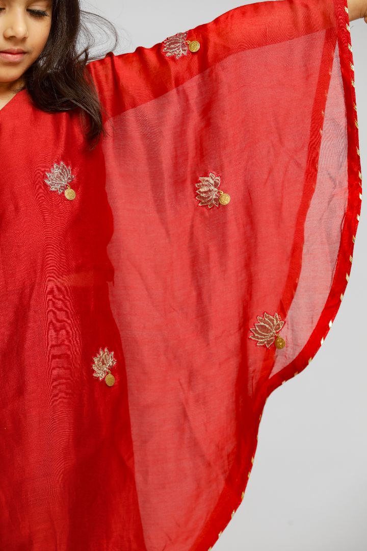 Girls One Shoulder Embellished Kurti With Flared Palazzo - Red