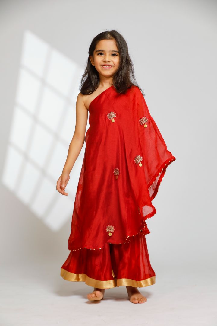 Girls One Shoulder Embellished Kurti With Flared Palazzo - Red