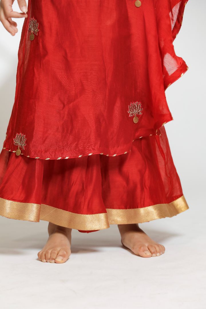 Girls One Shoulder Embellished Kurti With Flared Palazzo - Red