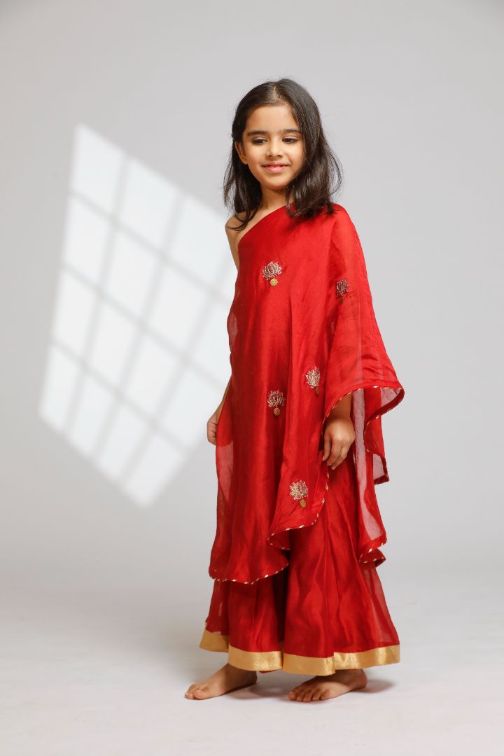 Girls One Shoulder Embellished Kurti With Flared Palazzo - Red