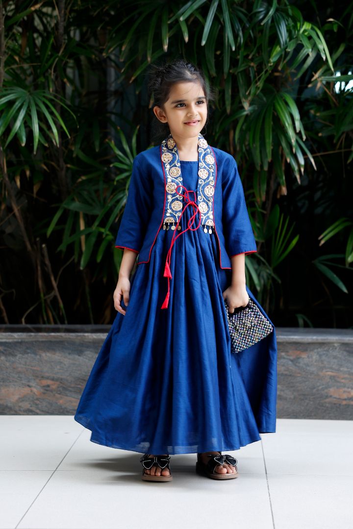 Gown With Embroidered And Embellished Jacket-Blue