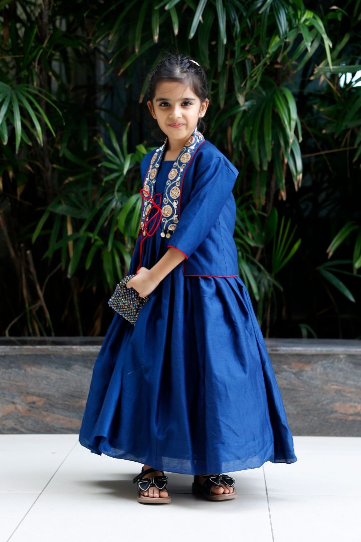 Gown With Embroidered And Embellished Jacket-Blue