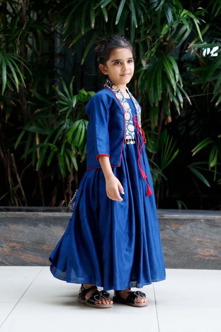 Gown With Embroidered And Embellished Jacket-Blue