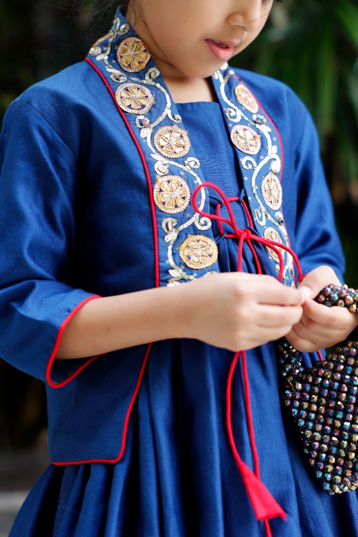 Gown With Embroidered And Embellished Jacket-Blue