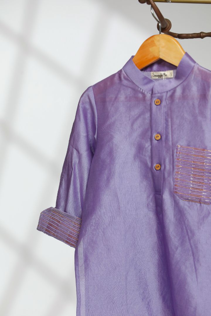 Boys Zari Patch Pocket Kurta Set - Purple