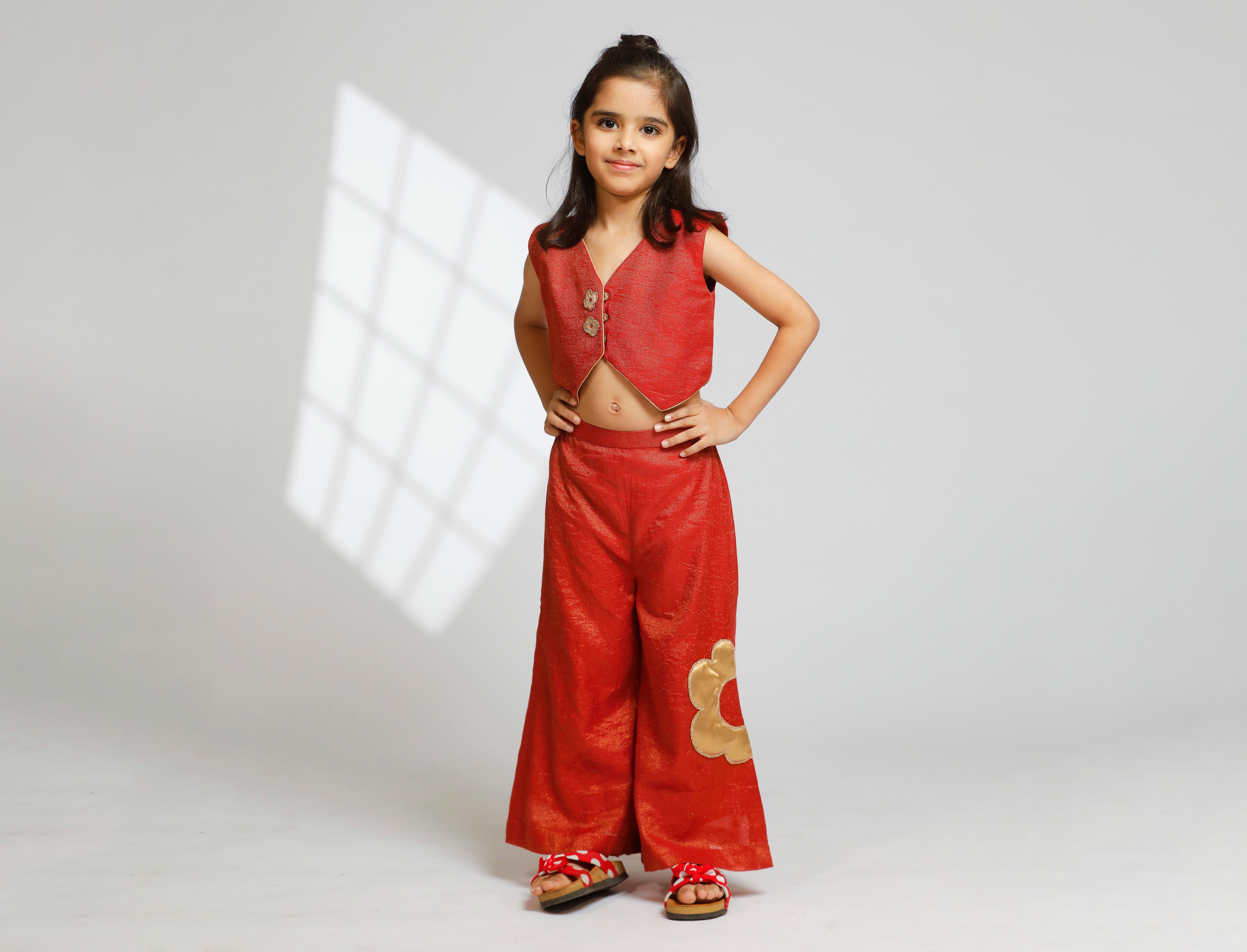 Girl Waist Coat With Side Slit Flared Pant - Red