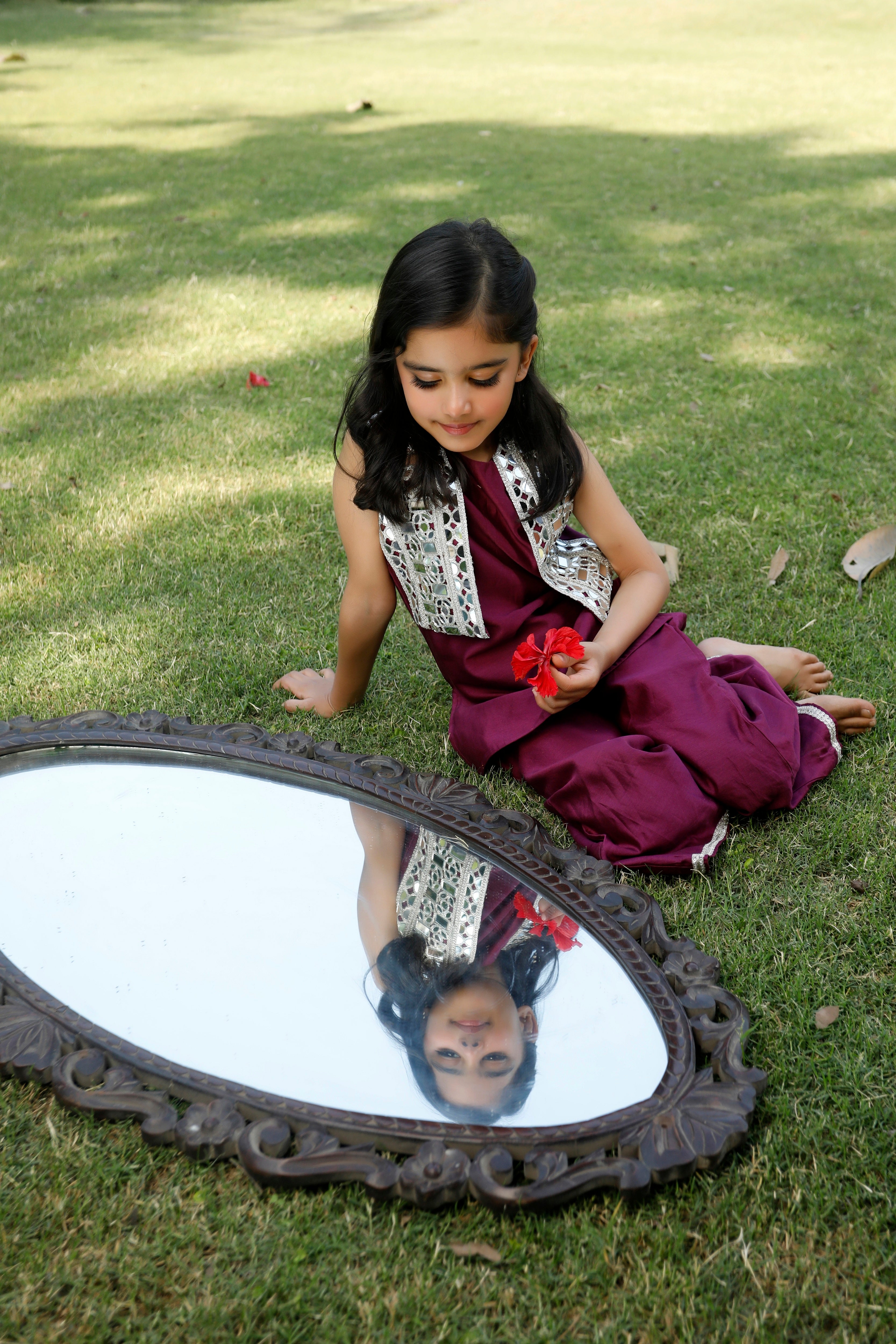 Girls Embellished Koti Kurta with Flared Pant - Wine
