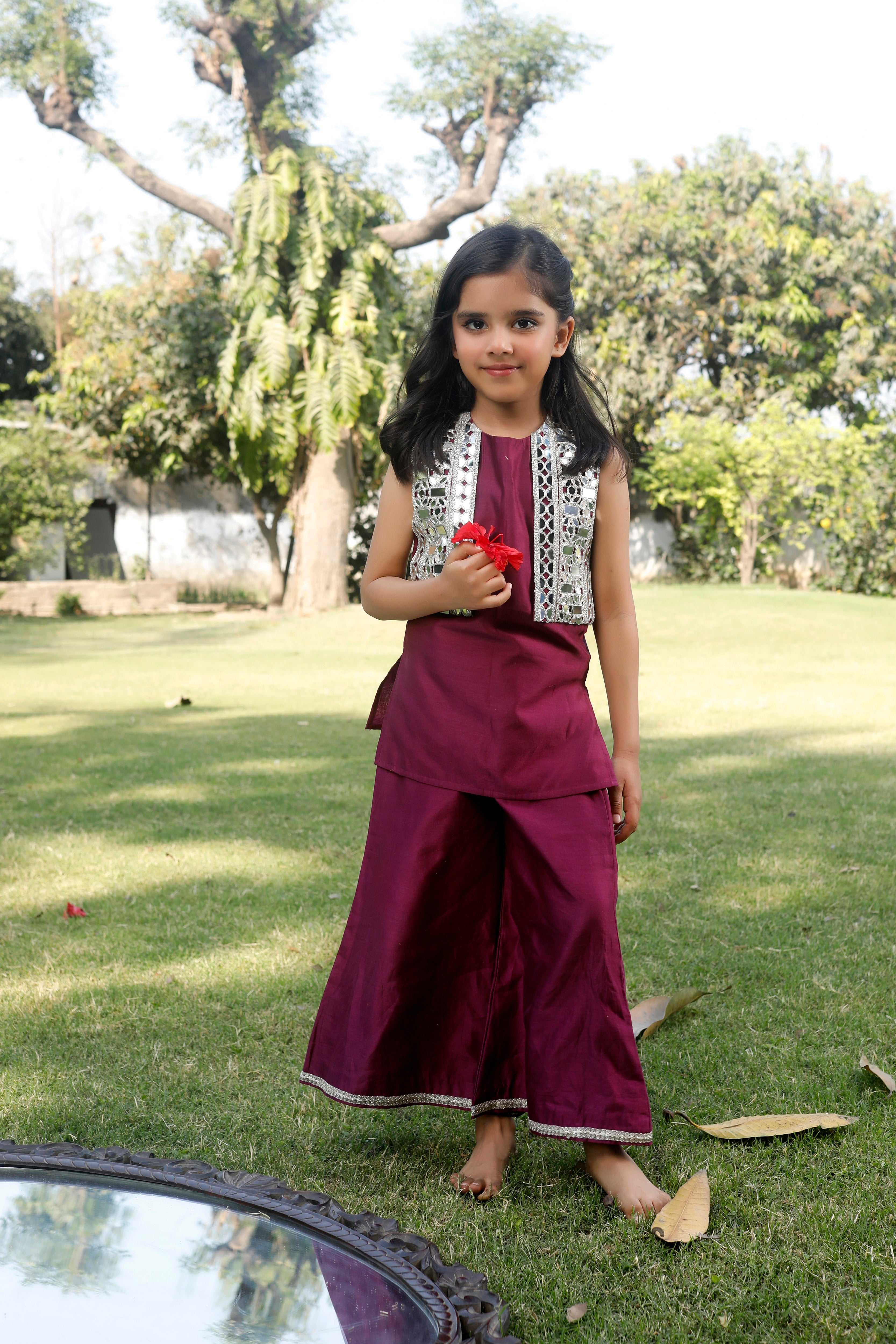 Girls Embellished Koti Kurta with Flared Pant - Wine