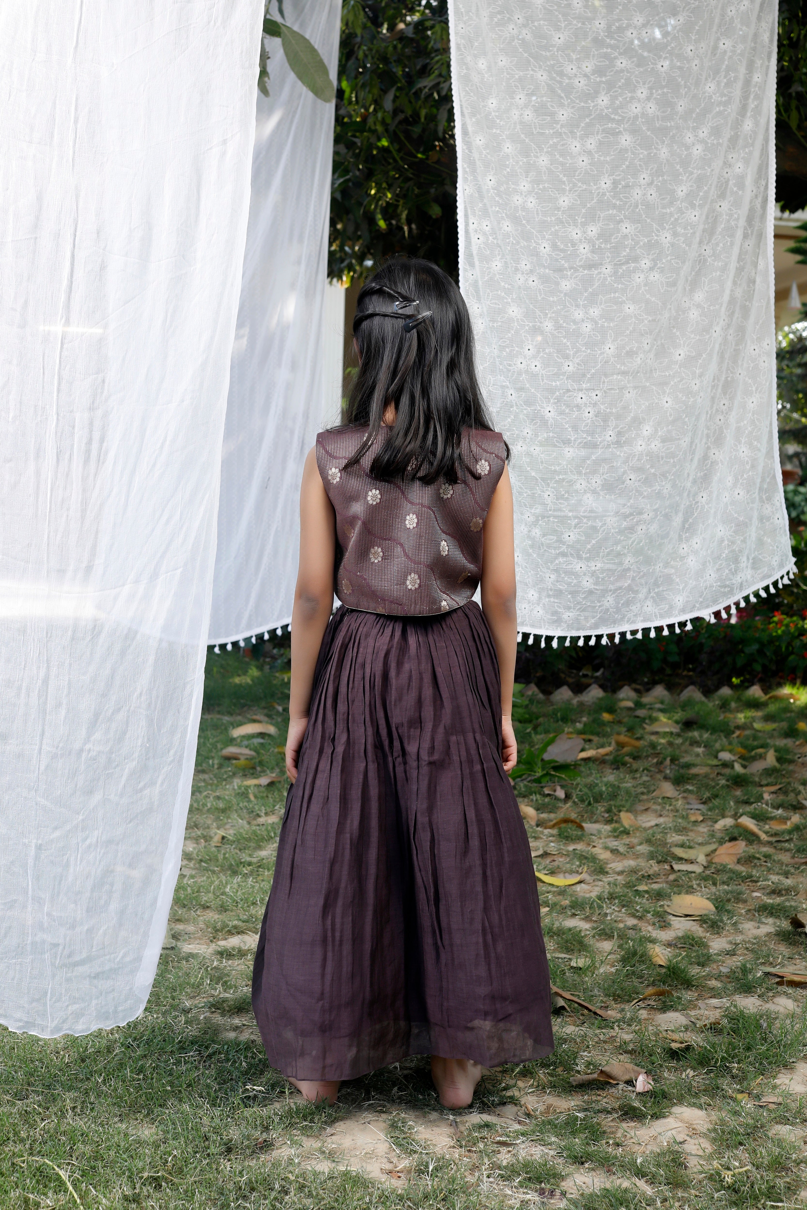 Girl Waist Coat with Flared Skirt - Brown