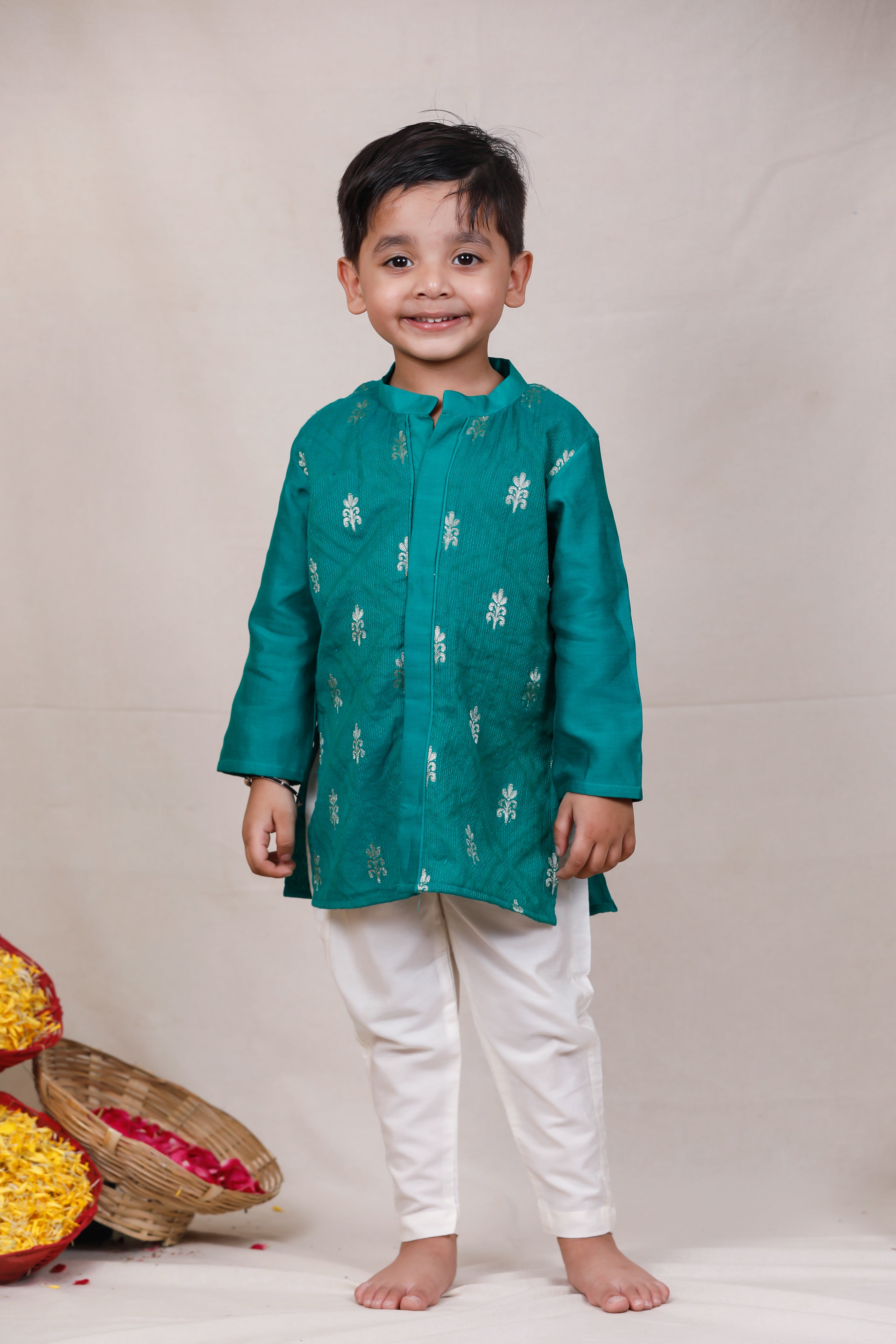 Boy in Lush Green Sherwani Set - Premium Chanderi Ethnic Wear for Festive Occasions by SnuggleMe