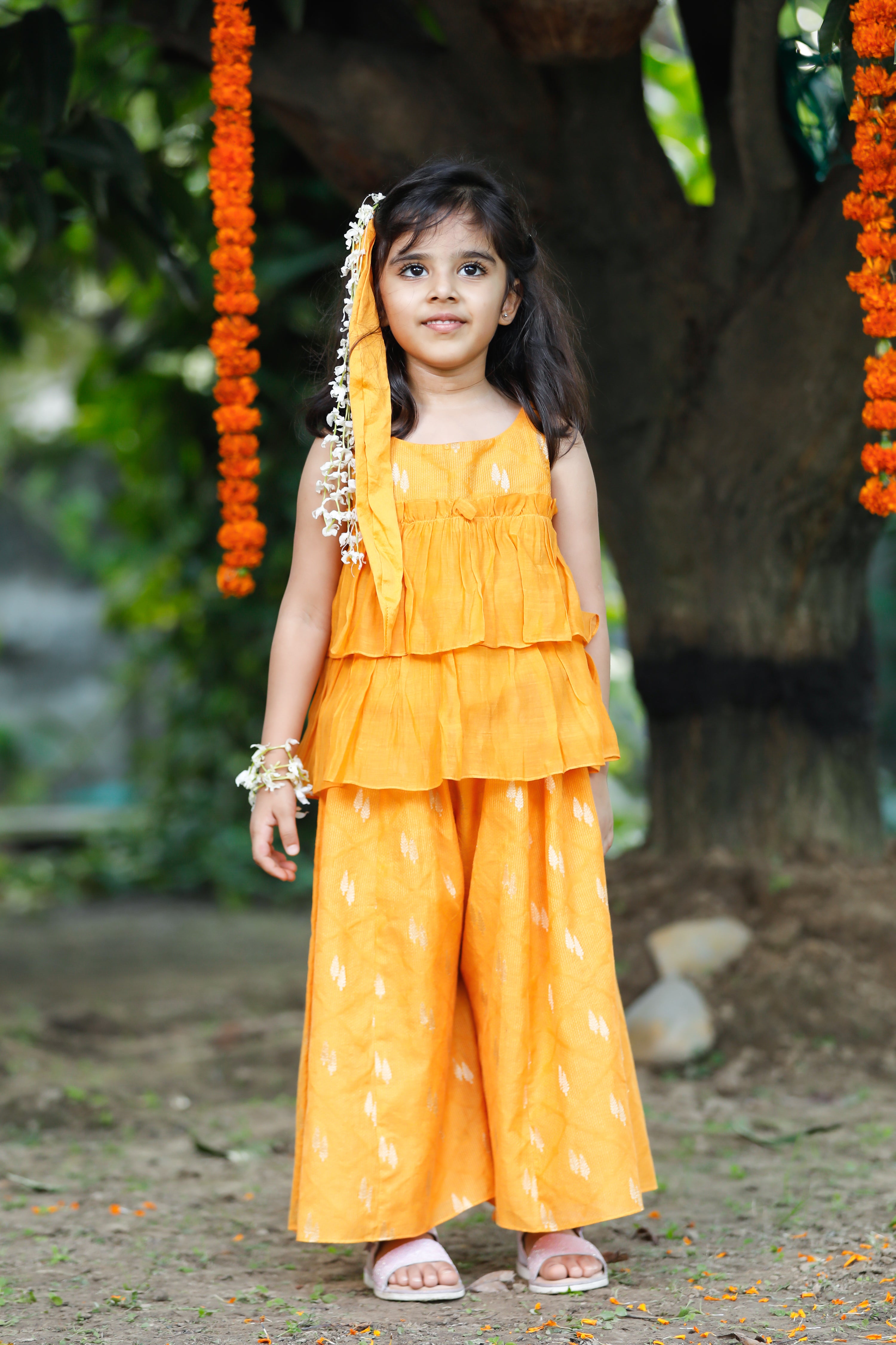 Girl in Sunlit Palazzo Set - Premium Chanderi Festive Ensemble by SnuggleMe.