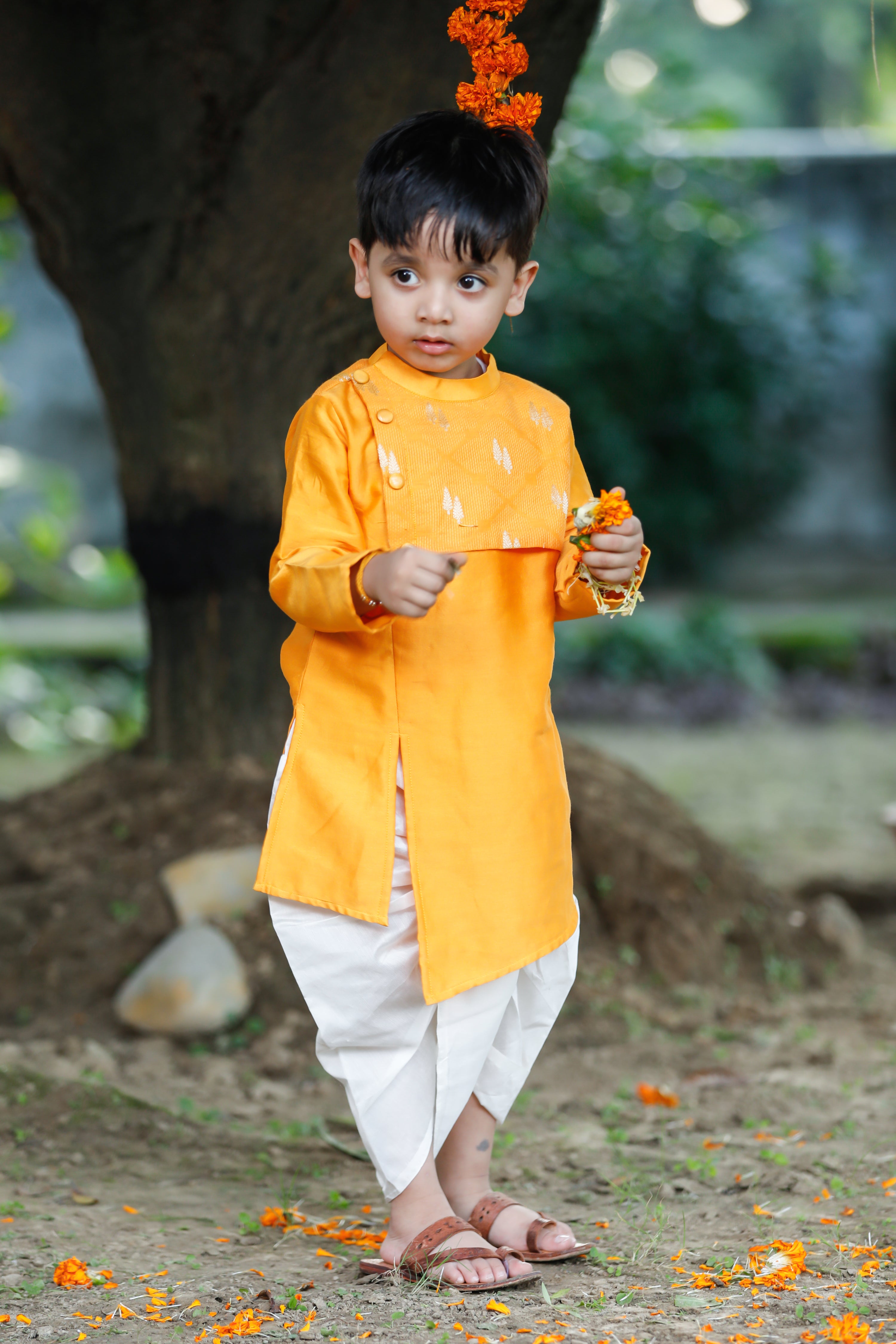 Boy's vibrant yellow Marigold Kurta Dhoti Set - premium chanderi ethnic wear