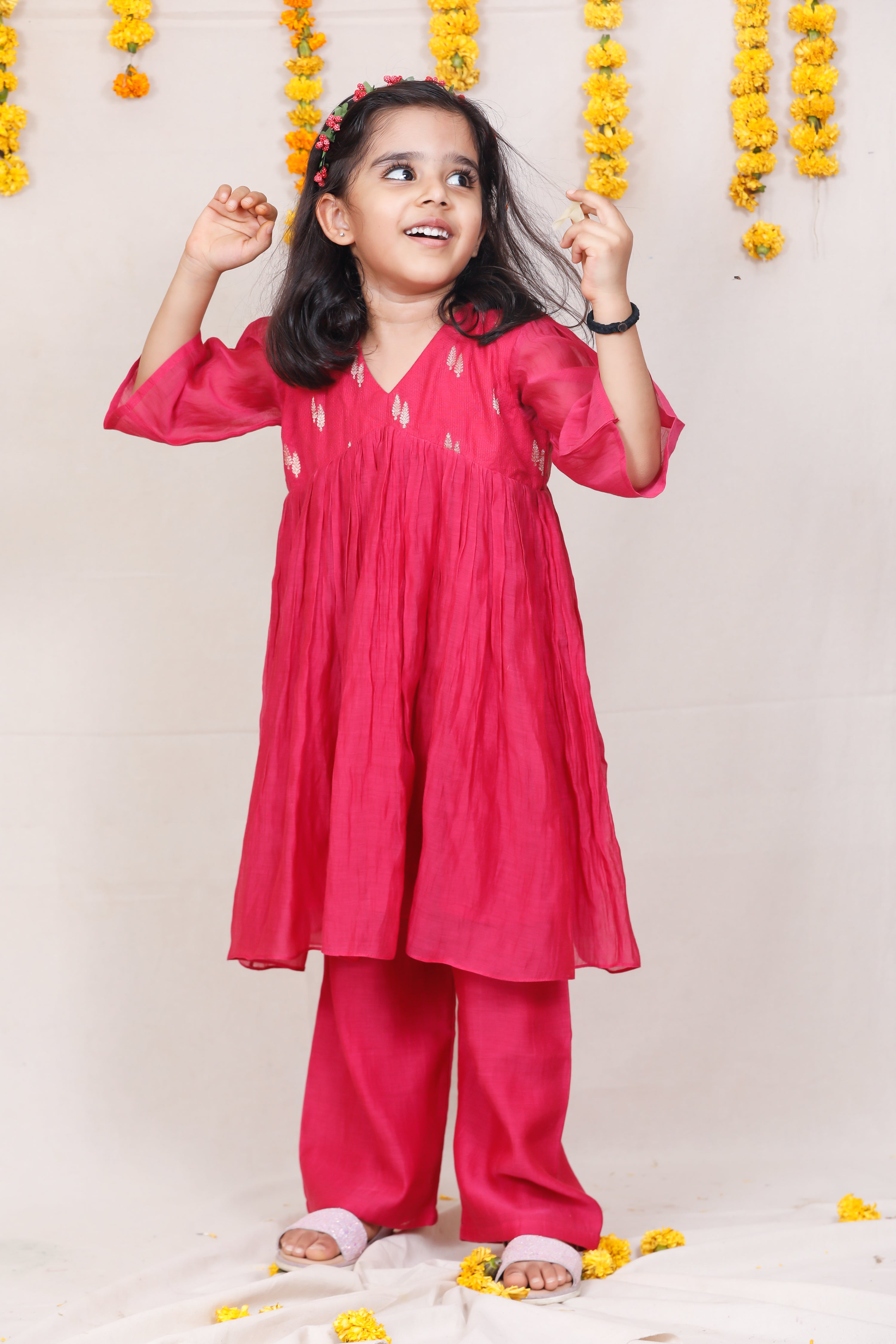 Traditional Indian kids dress - Rose Radiance Kurta Set for Girls by SnuggleMe - Designer kids clothes online.