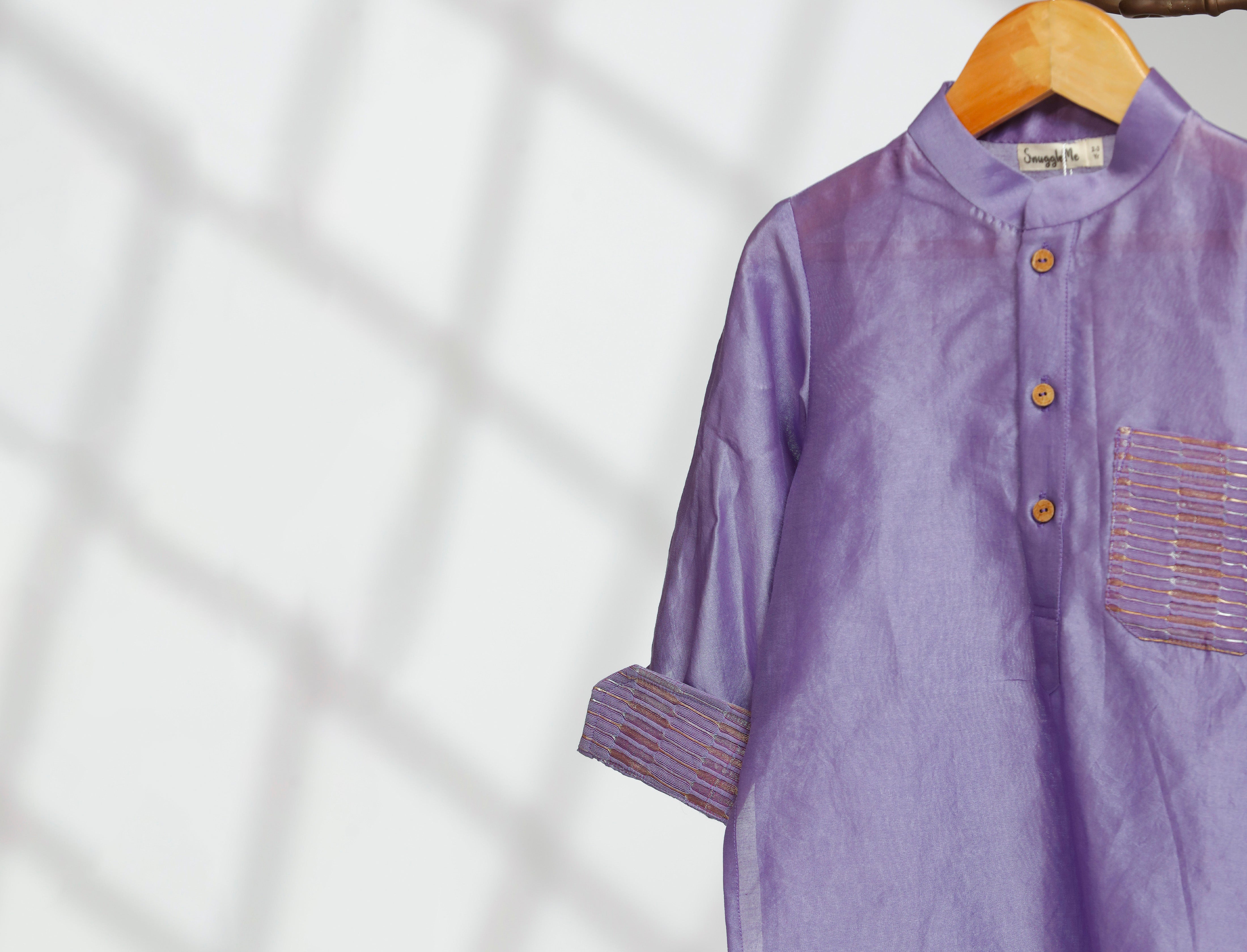 Boys Zari Patch Pocket Kurta Set - Purple