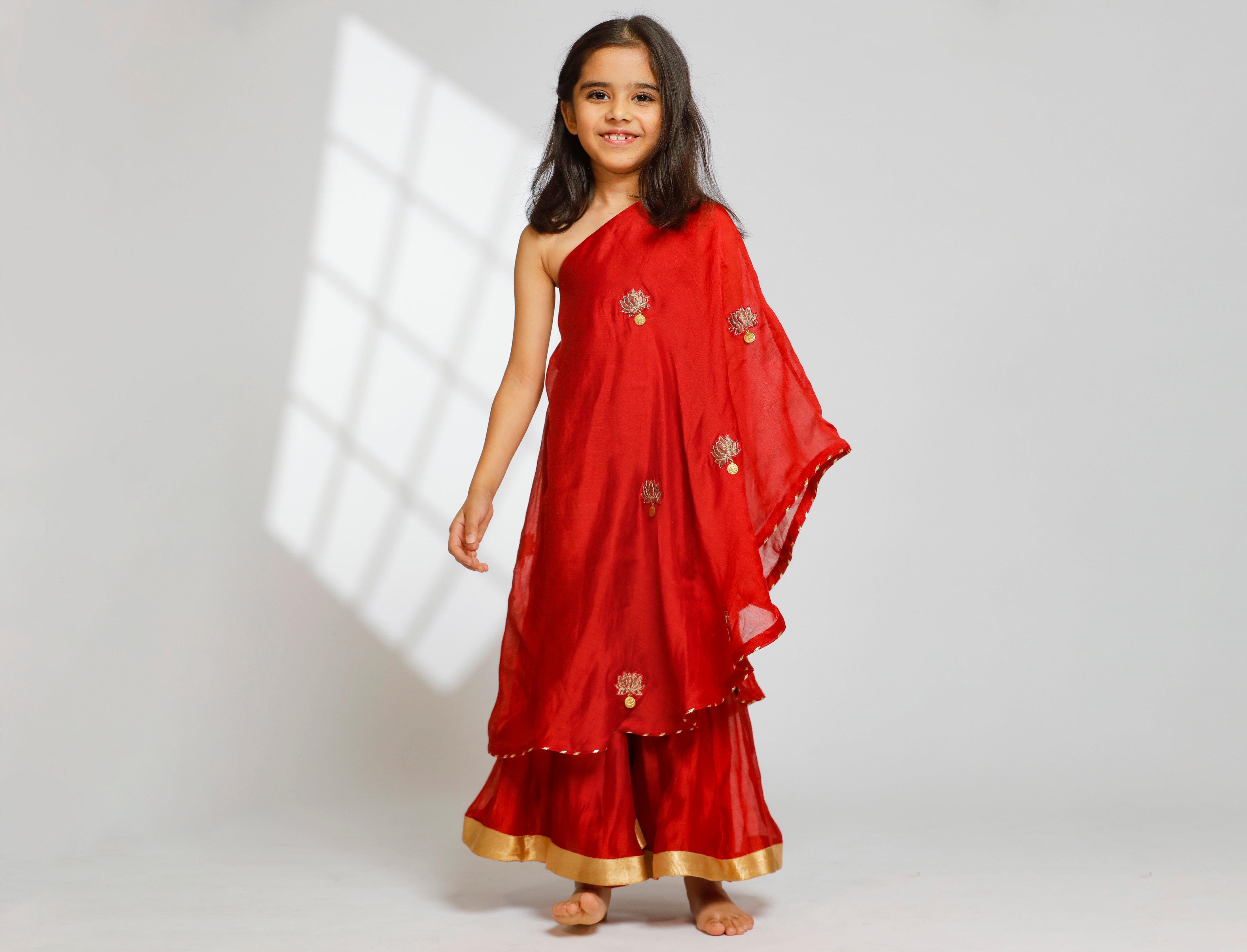 Girls One Shoulder Embellished Kurti With Flared Palazzo - Red