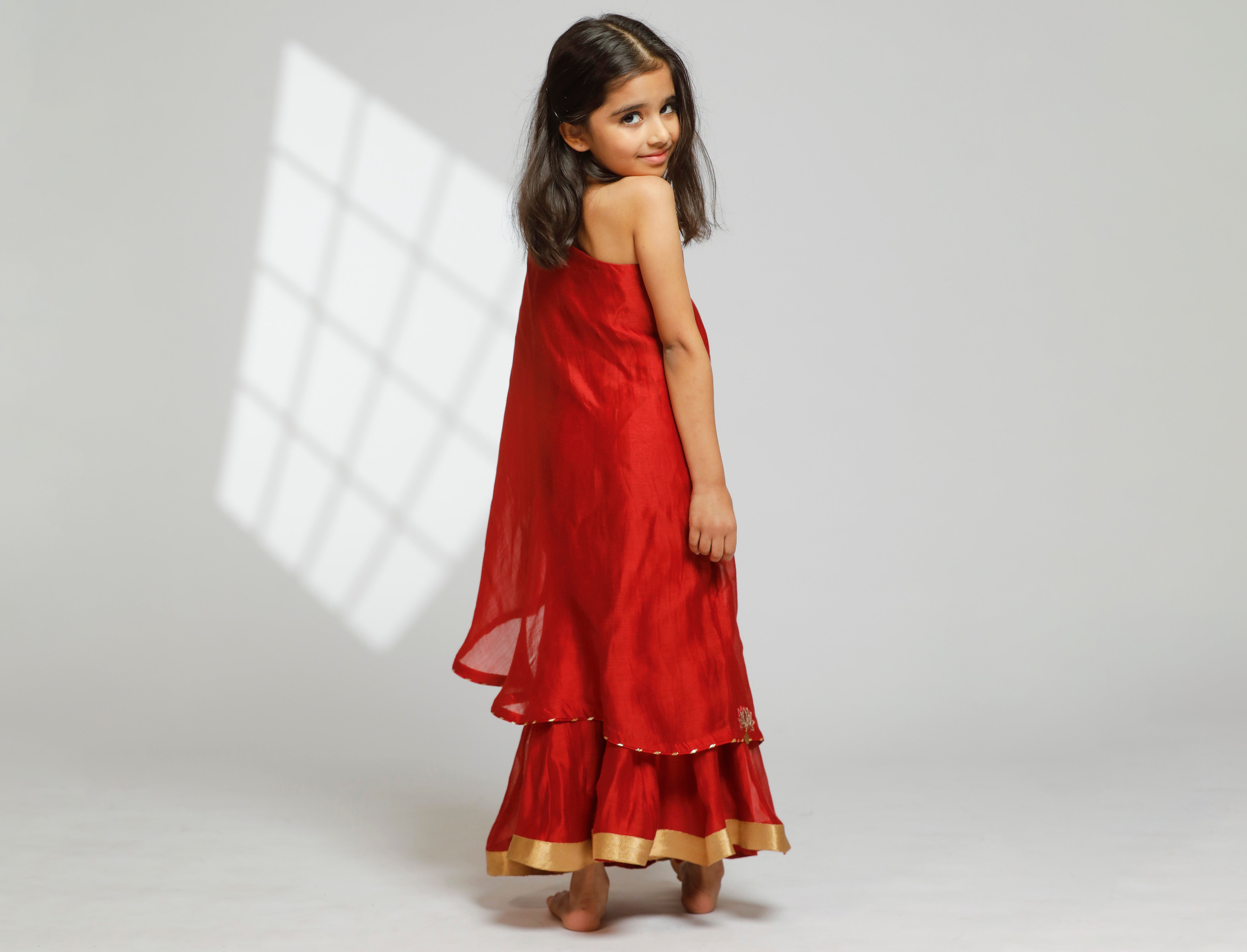 Girls One Shoulder Embellished Kurti With Flared Palazzo - Red